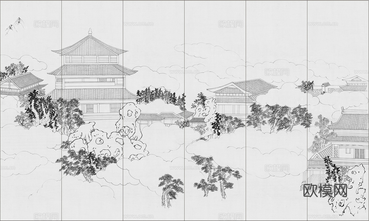 中式新中式山水建筑壁画壁布