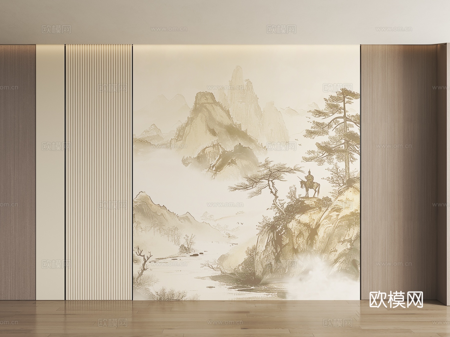 山水画背景墙 山水画护墙板 山水画屏风 新中式禅意硬包 新中3d模型