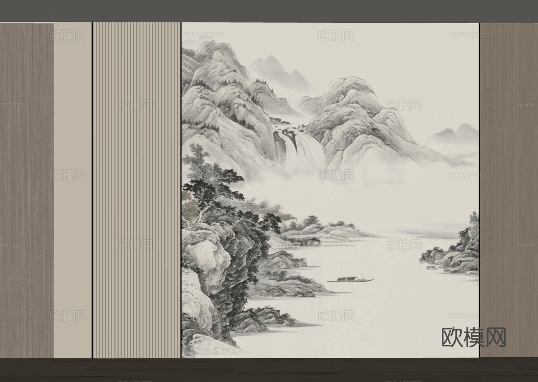 山水画背景墙 山水画护墙板 山水画屏风 新中式禅意硬包 新中su模型