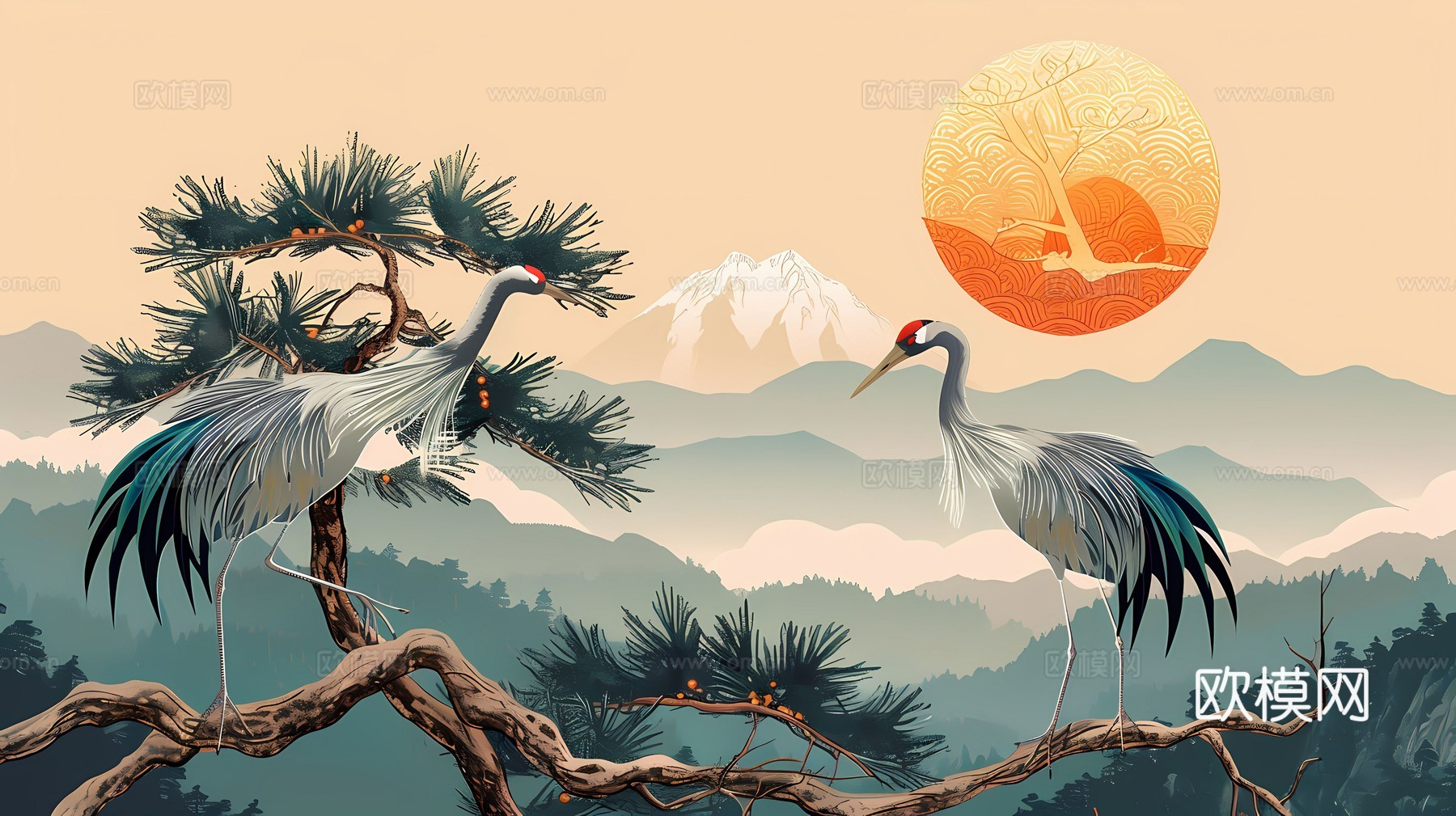 新中式国风壁纸壁画下载（渲染图1）