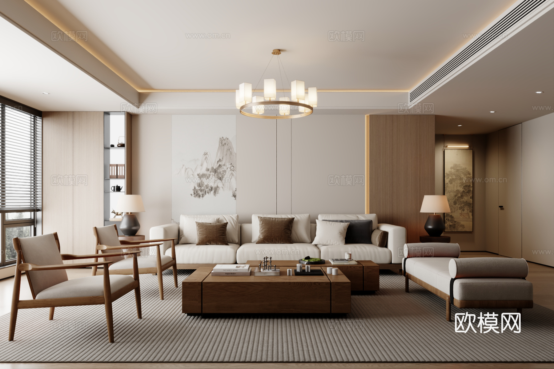 新中式沙发组合 茶几 地毯3d模型