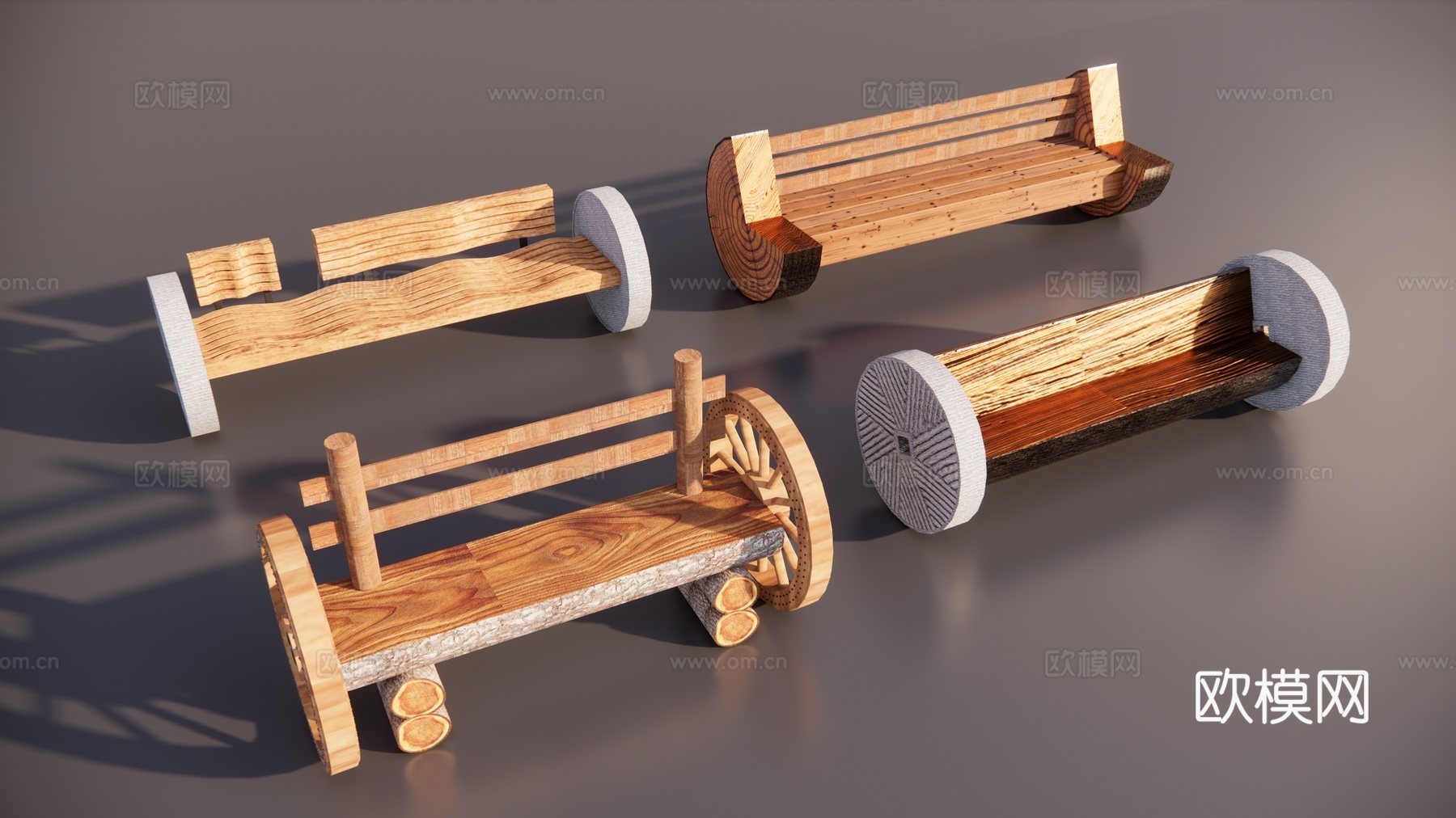 中式乡村原生态座椅 农村景观座椅 农具景观小品 石磨座椅景观3d模型