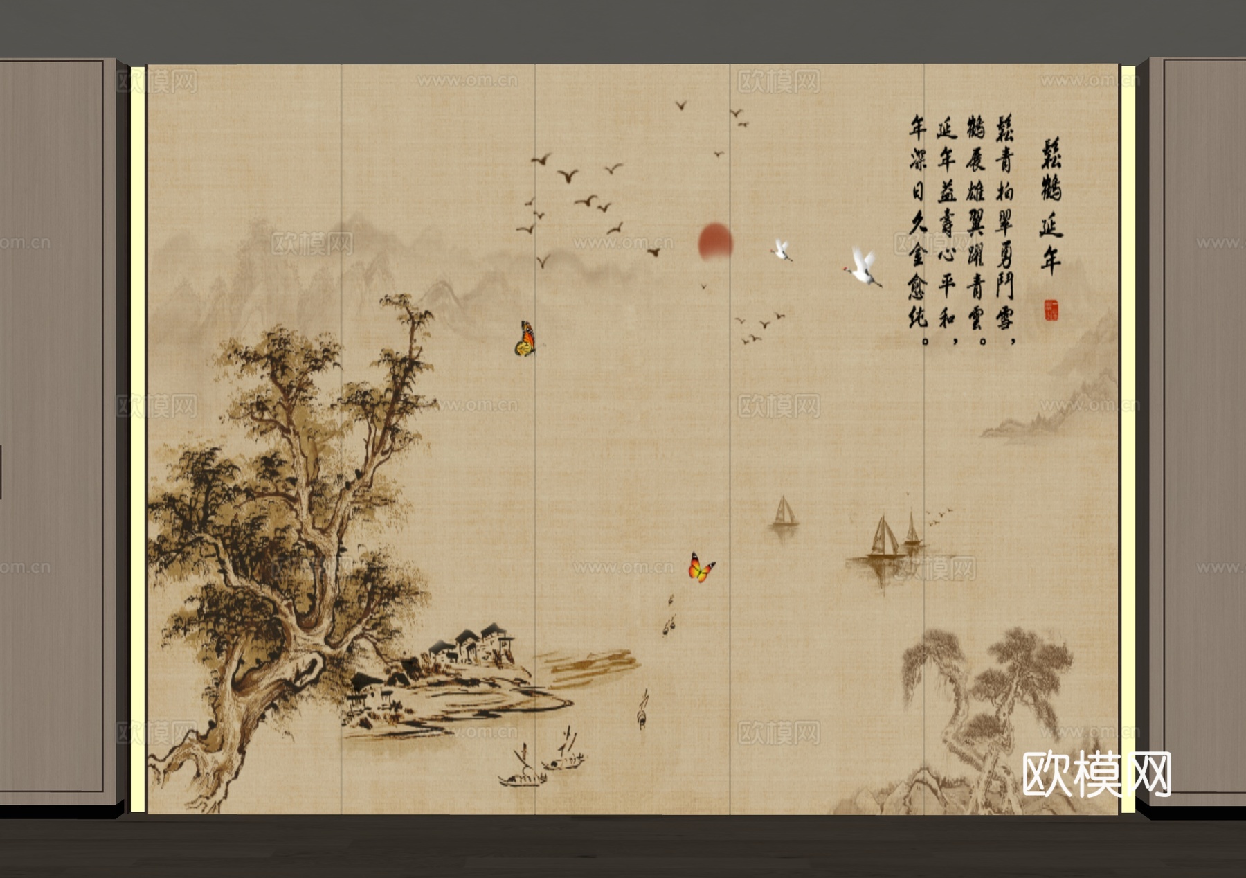 山水画背景墙 山水画护墙板 山水画屏风 新中式禅意硬包 新中su模型