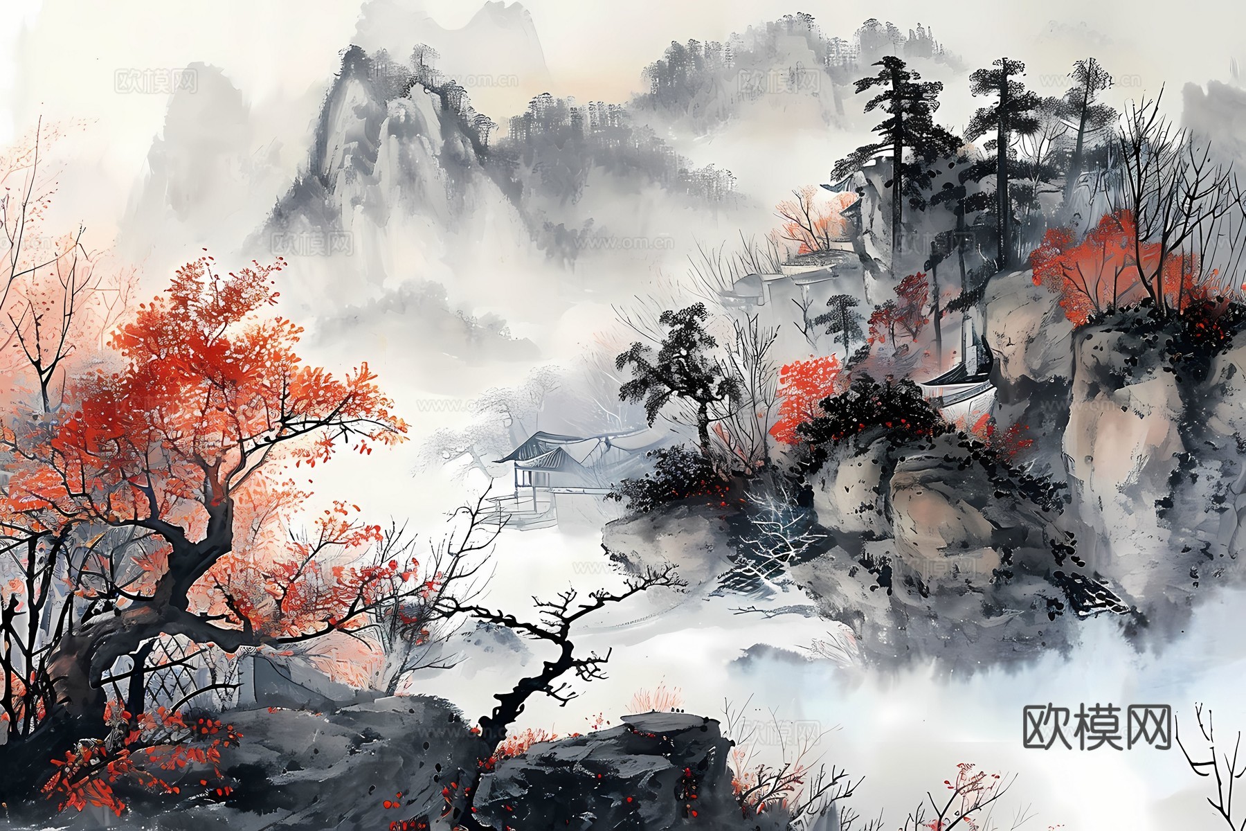 新中式国风壁纸壁画下载（渲染图4）