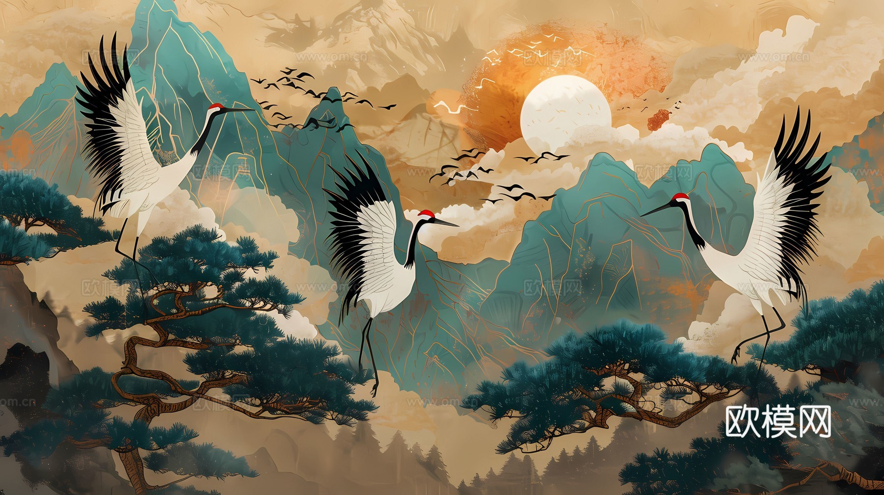 新中式国风壁纸壁画下载（渲染图1）