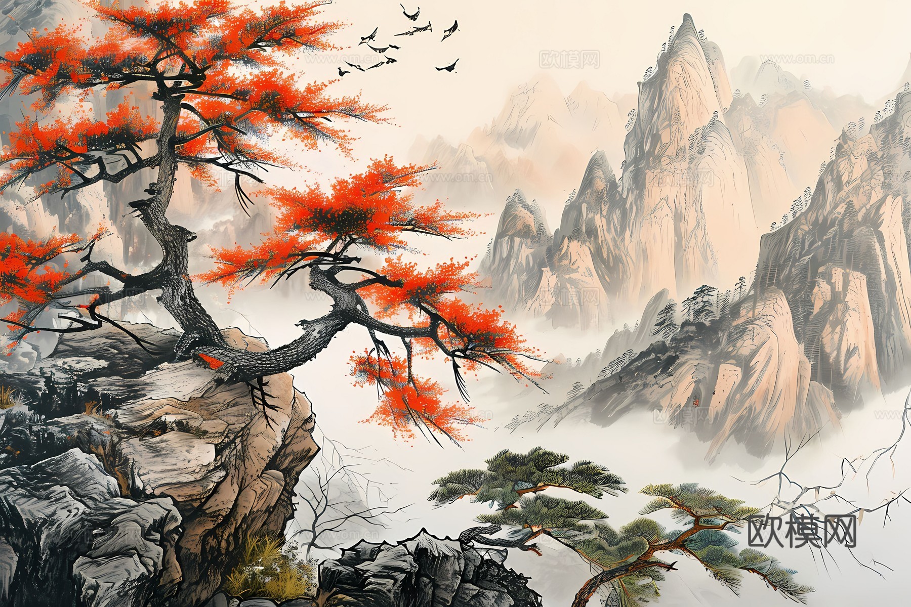 新中式国风壁纸壁画下载（渲染图6）