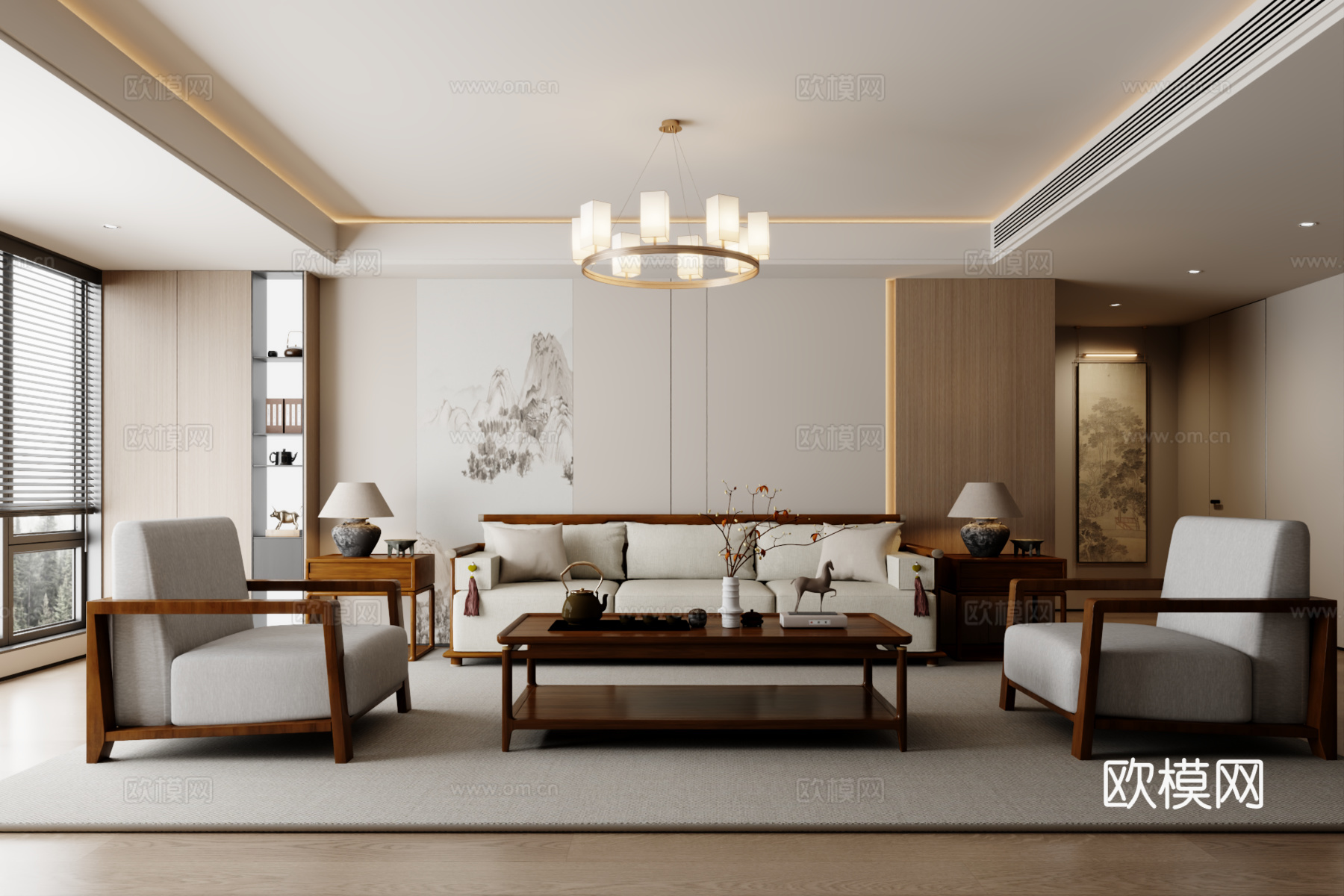 新中式沙发组合 茶几 地毯3d模型