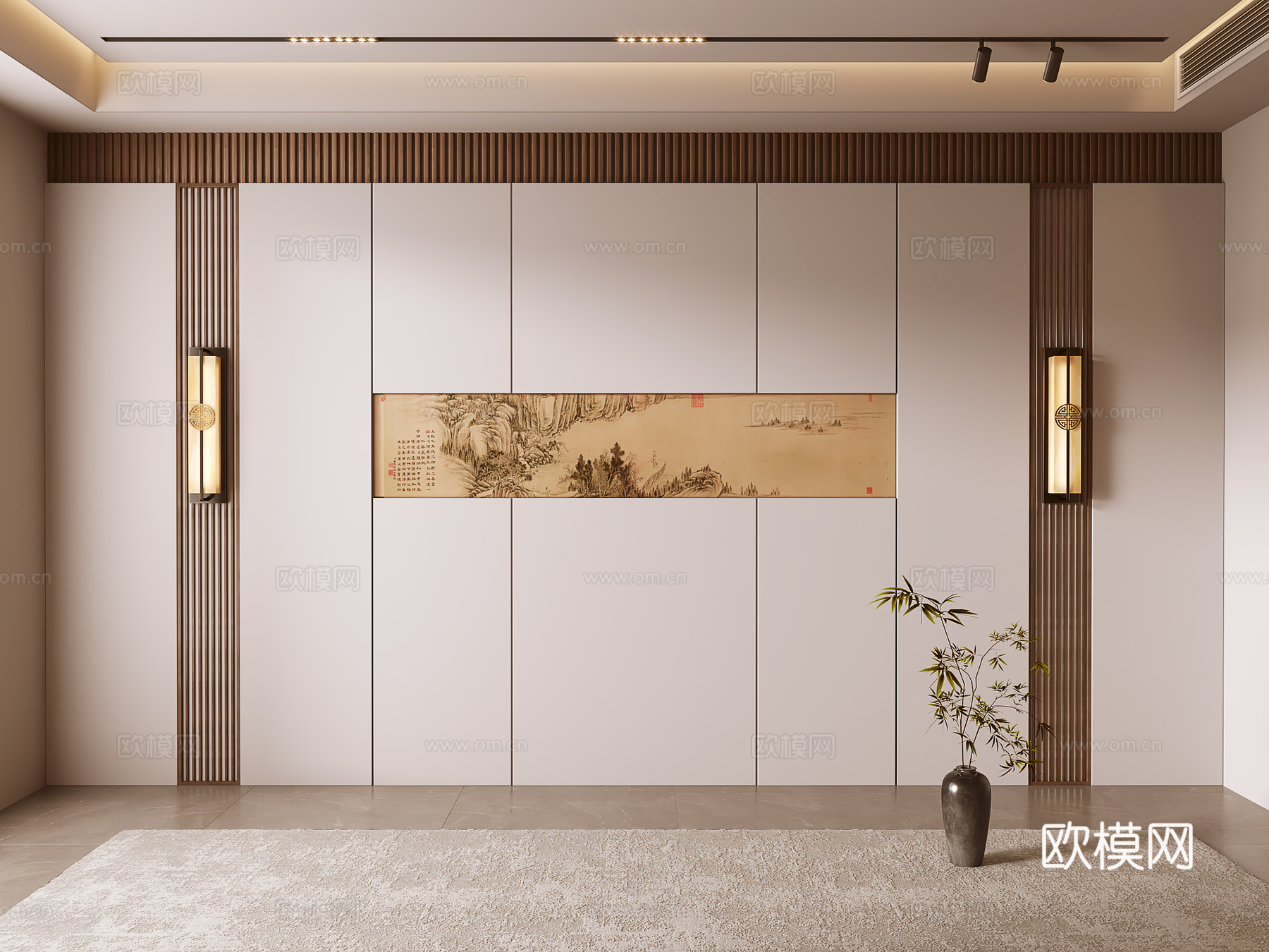 新中式背景墙su模型