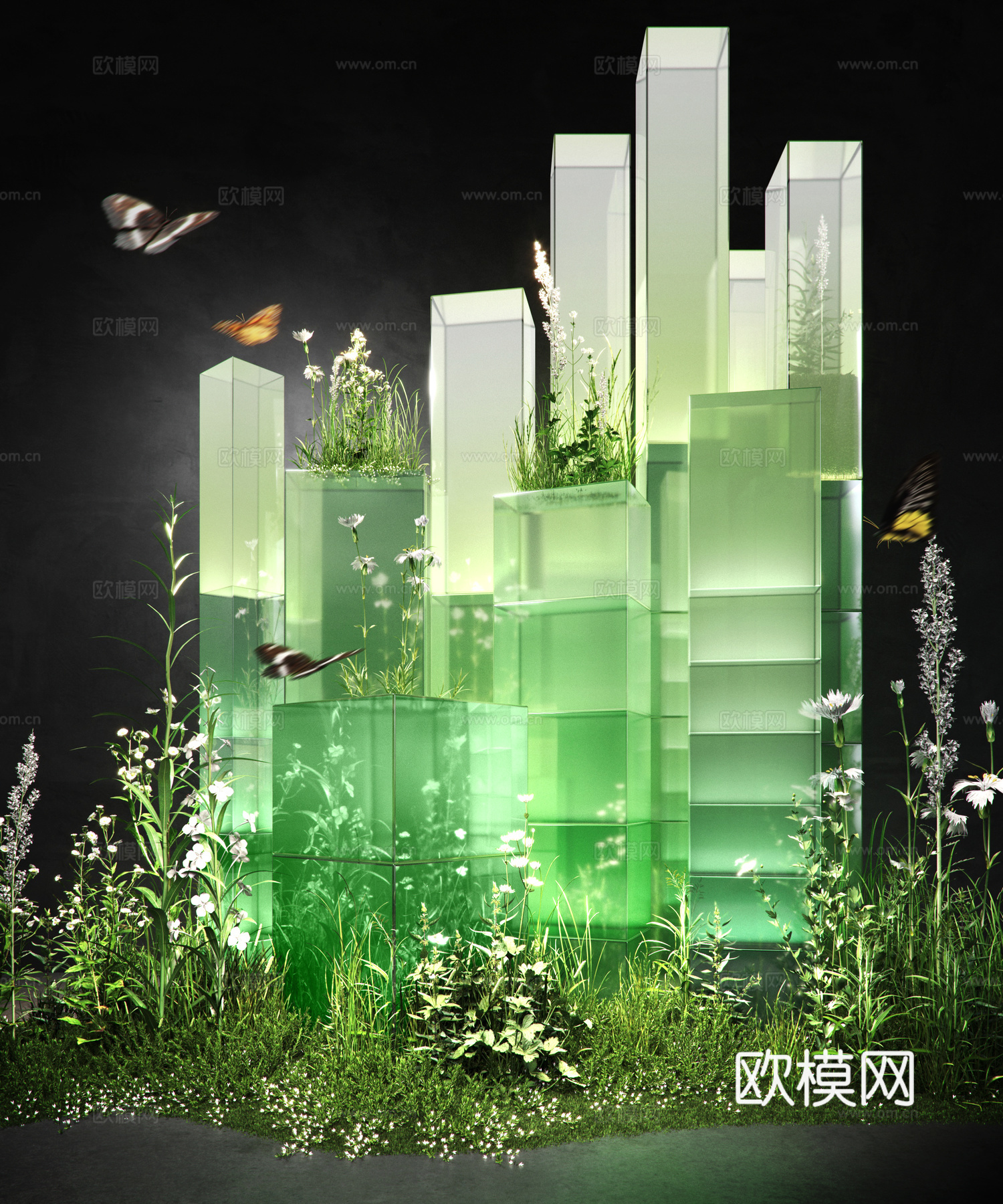 现代室内艺术玻璃装置  景观植物堆  蝴蝶  玻璃装置su模型