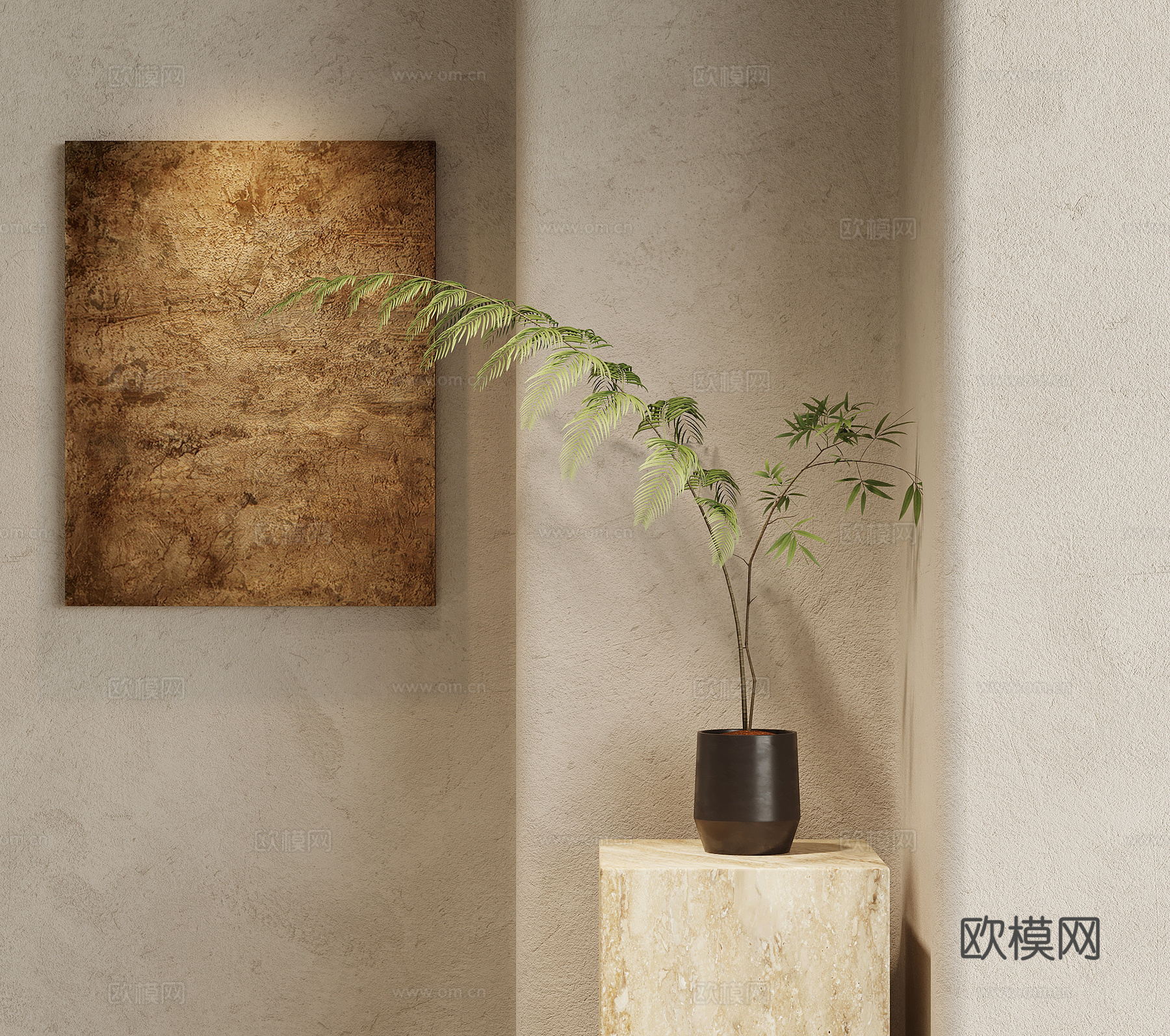 绿植 中古风绿植盆栽 干枝盆景 装饰挂画su模型