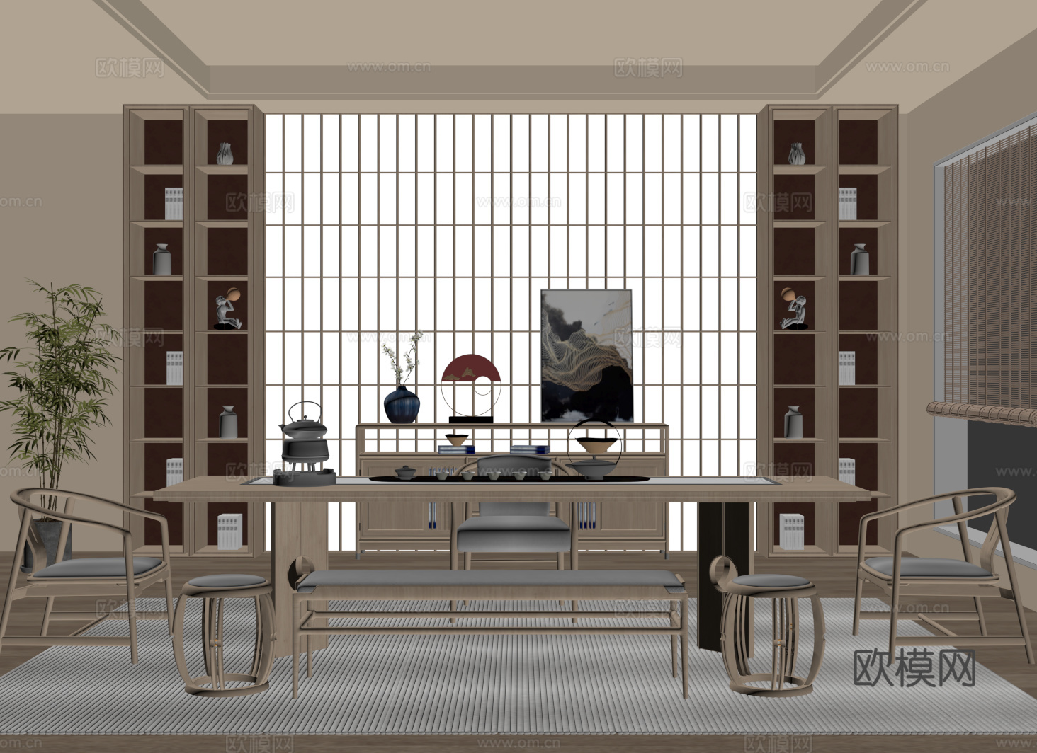 茶室 新中式茶室 博古架 茶桌椅 茶台 茶具su模型