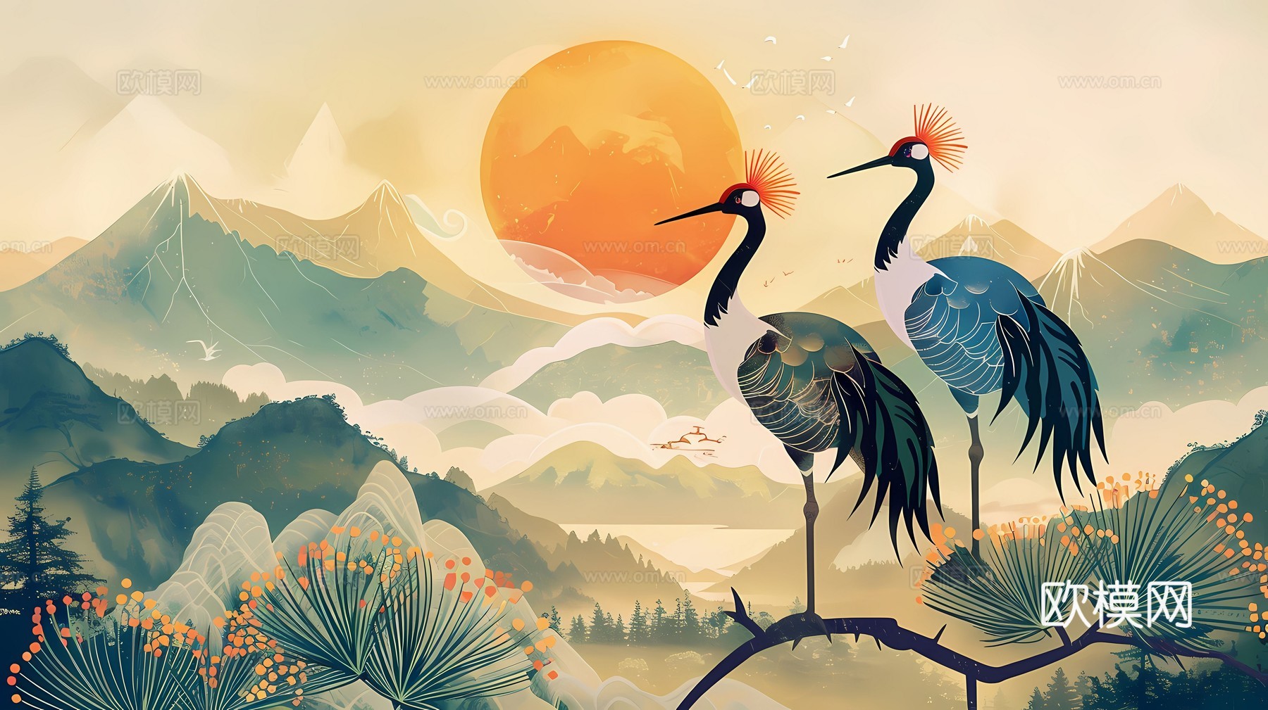 新中式国风壁纸壁画下载（渲染图3）