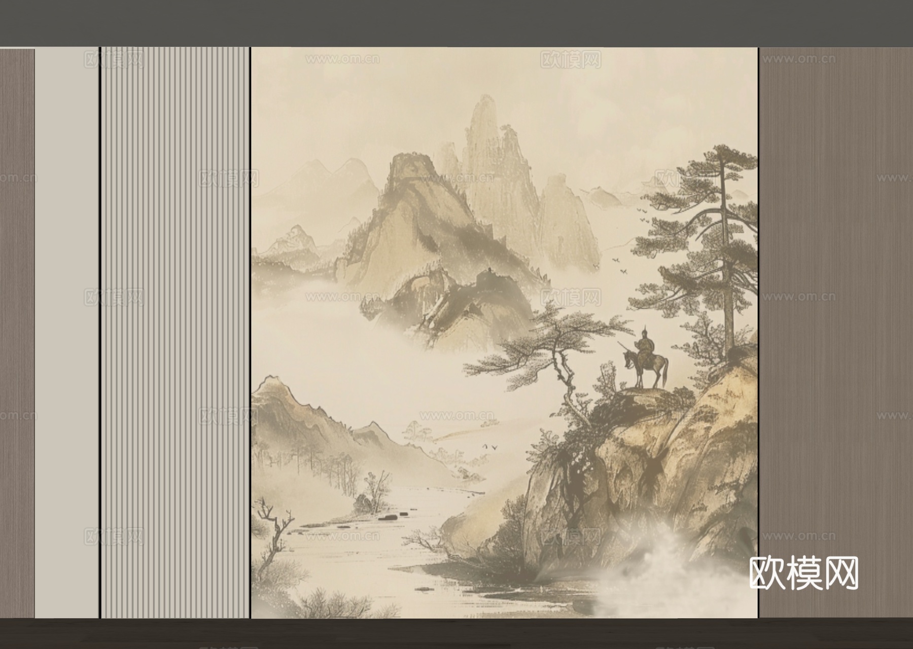 山水画背景墙 山水画护墙板 山水画屏风 新中式禅意硬包 新中su模型