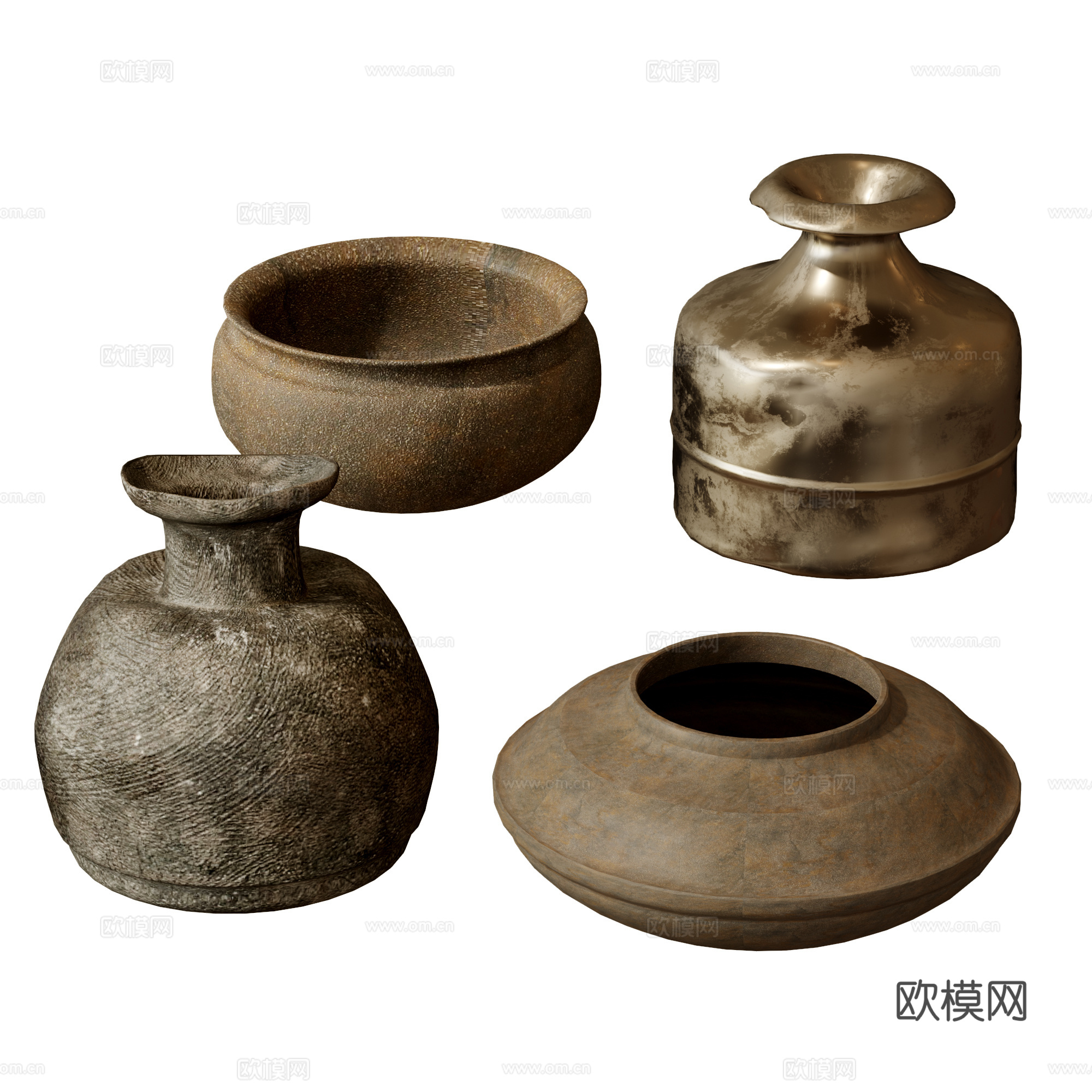 现代陶罐器皿 陶罐花瓶 罐子 金属花瓶su模型