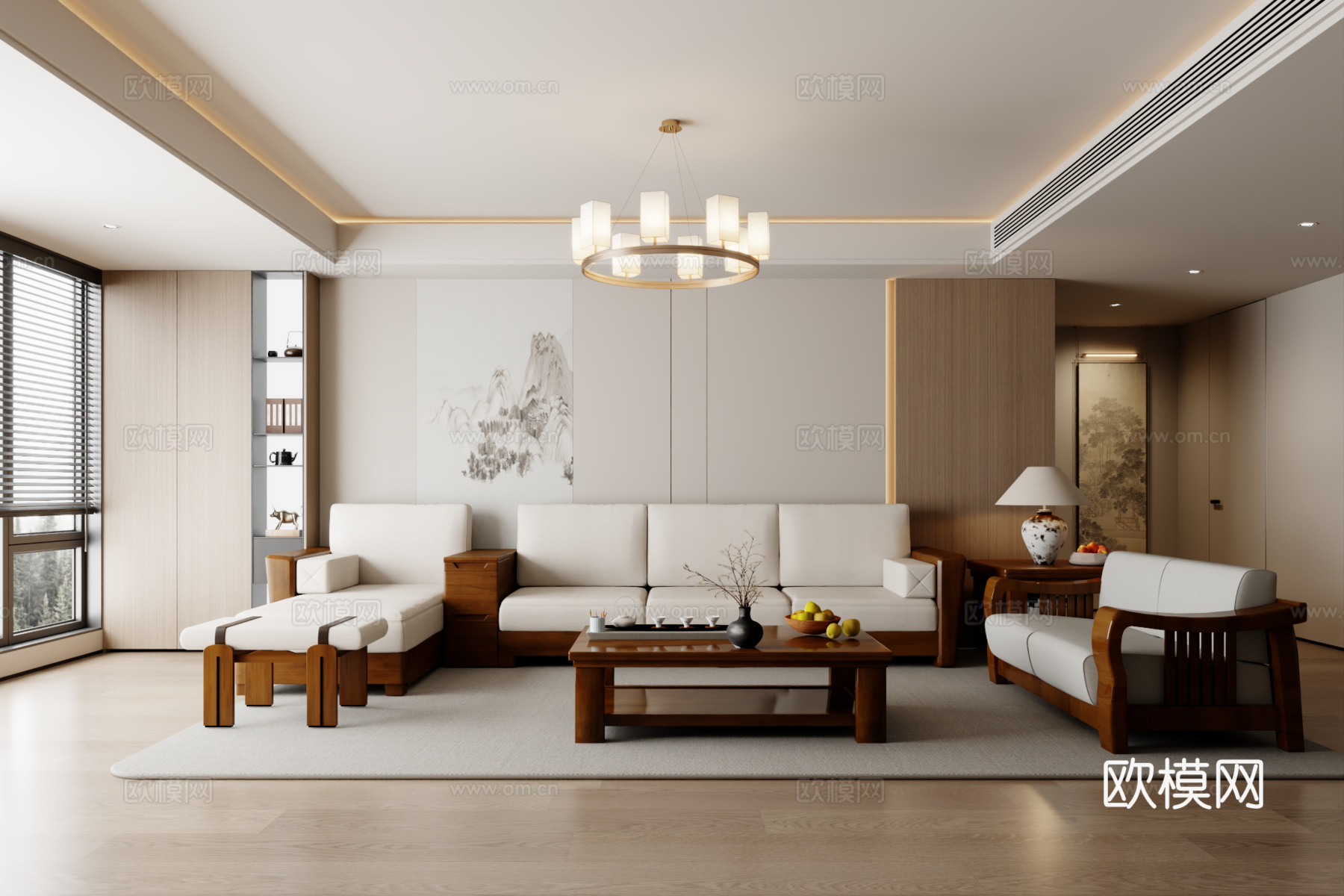 新中式沙发组合 茶几 地毯3d模型下载