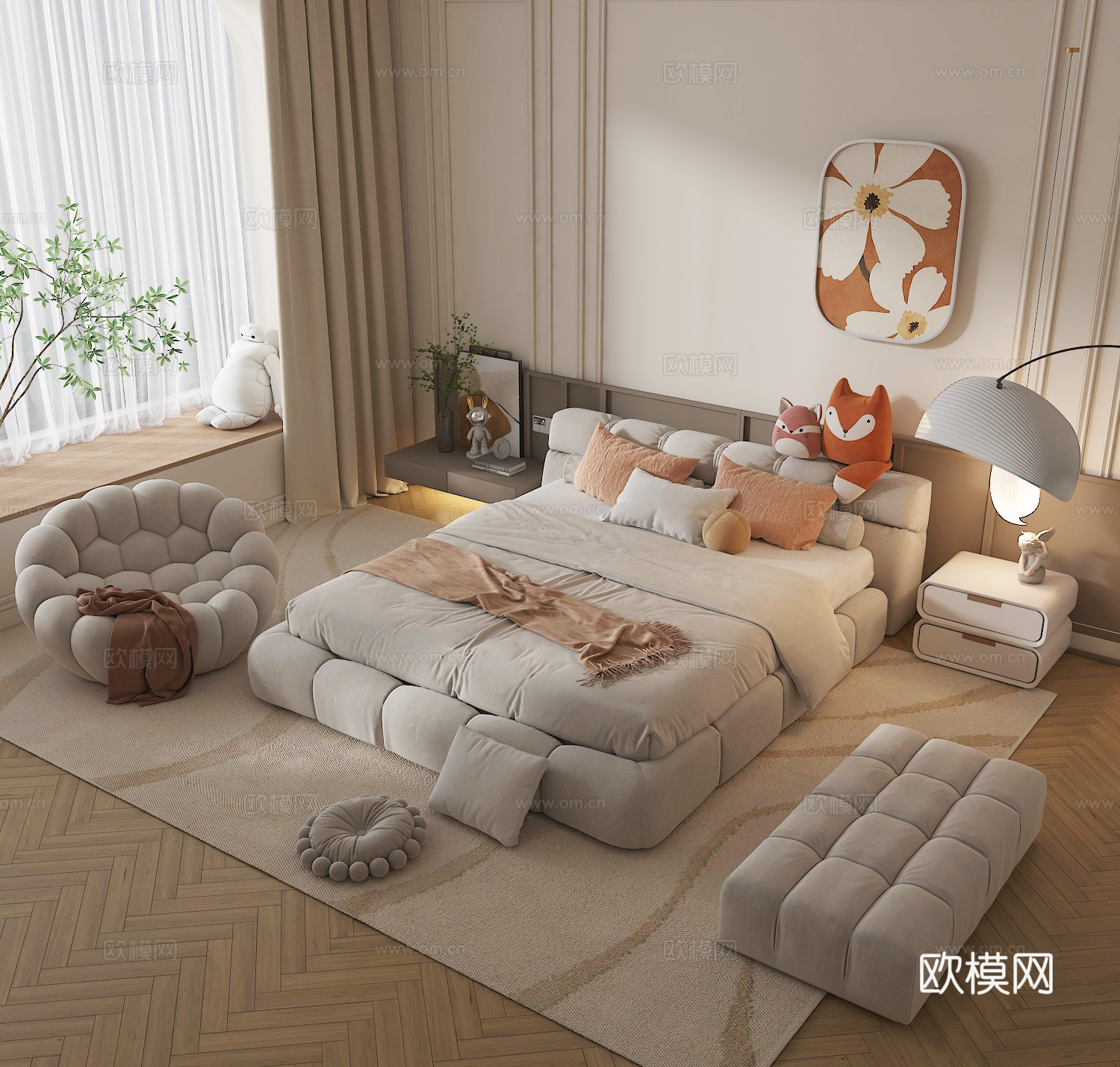 奶油风卧室3d模型
