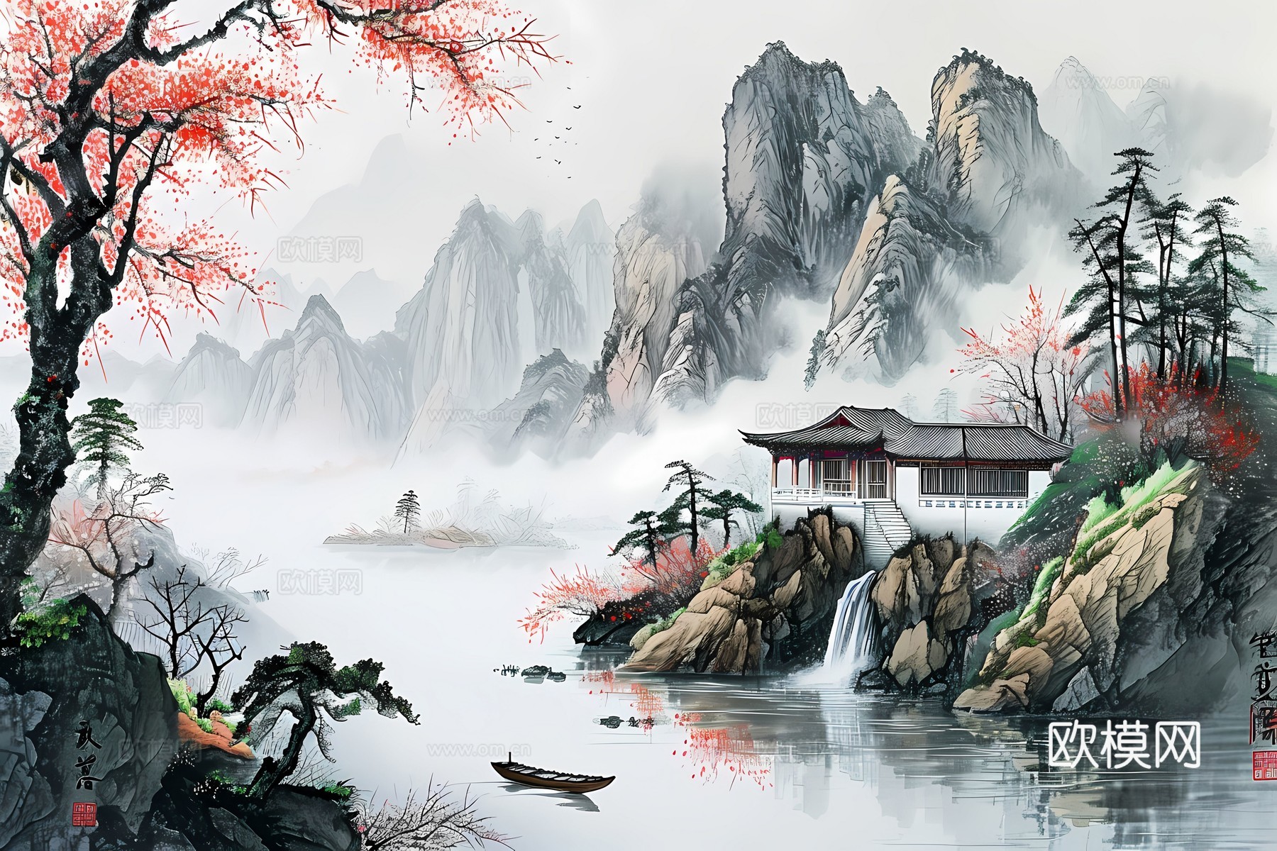 新中式国风壁纸壁画下载（渲染图8）