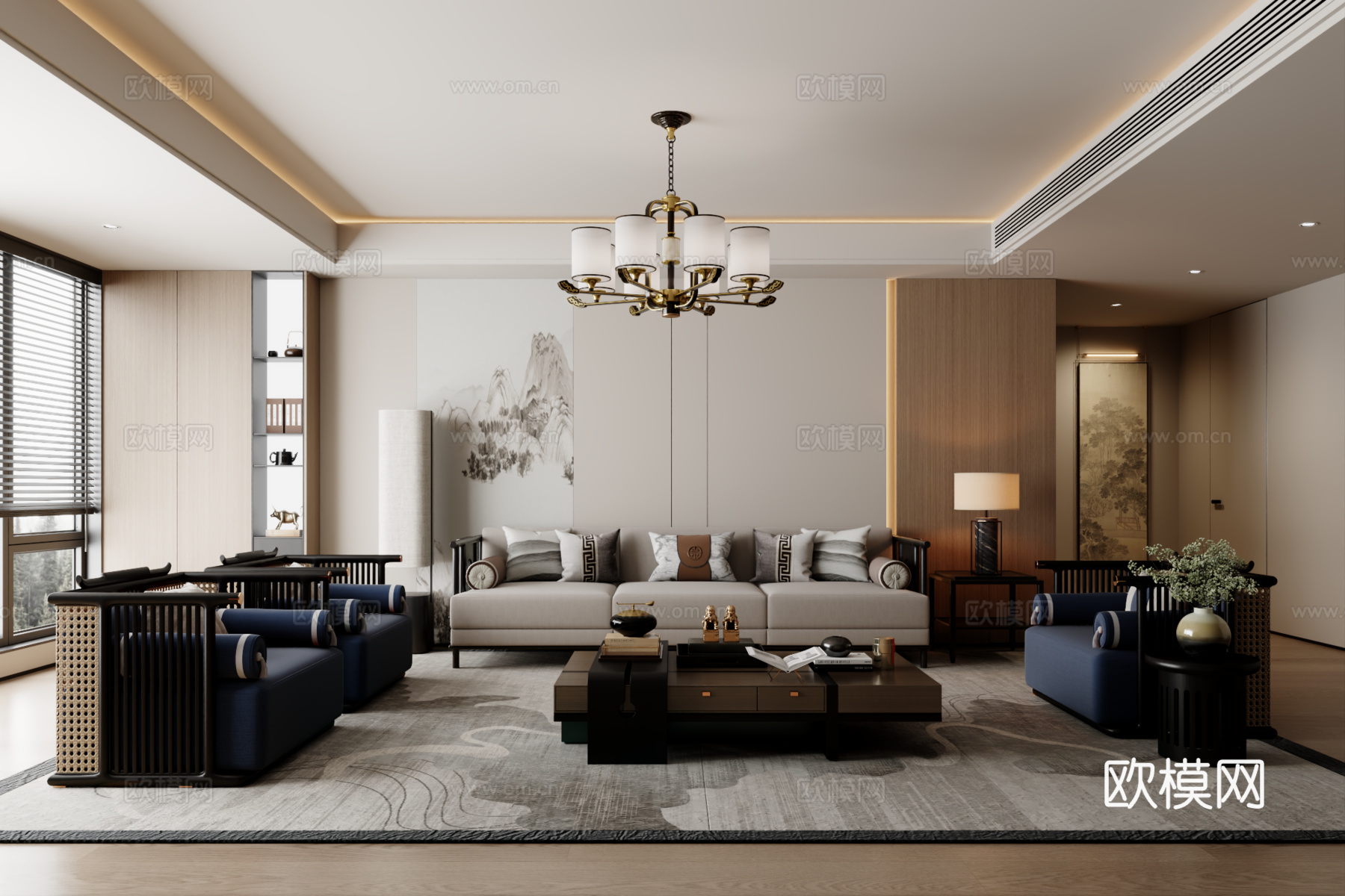 新中式沙发组合 茶几 地毯3d模型
