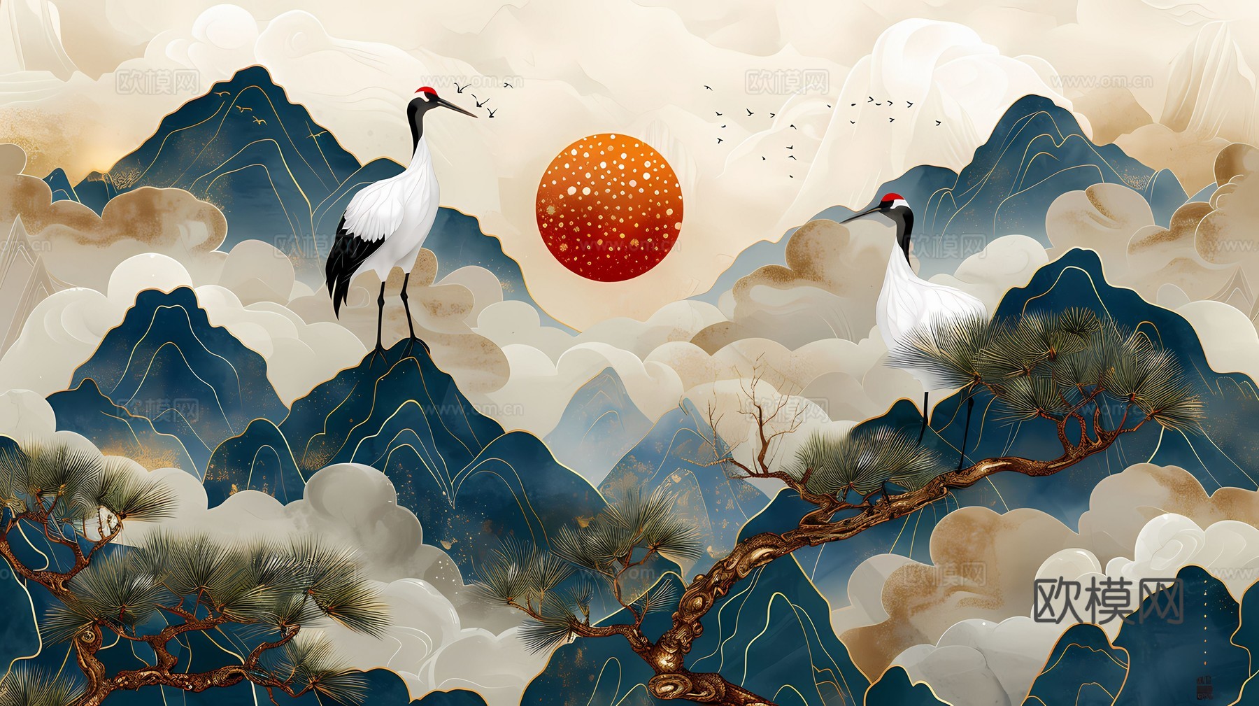 新中式国风壁纸壁画下载（渲染图8）