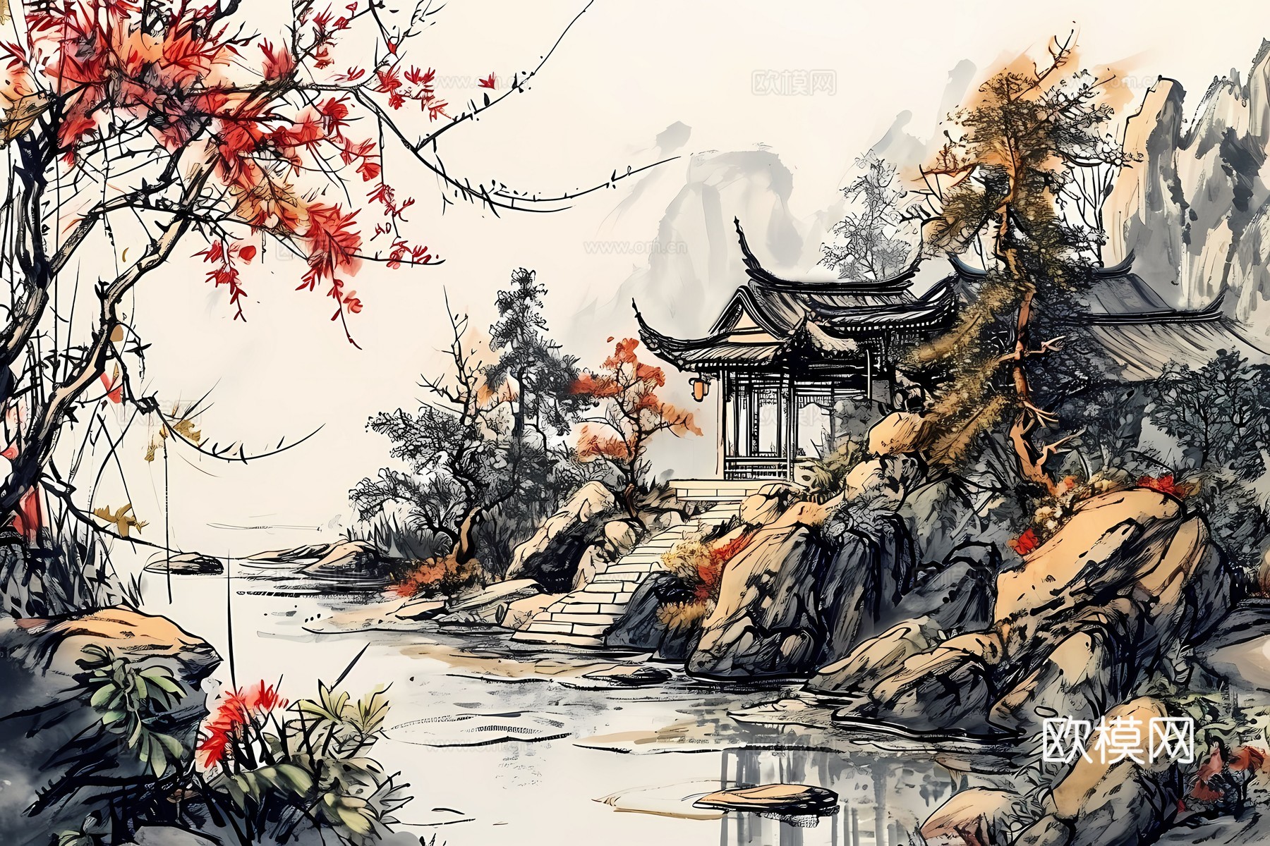 新中式国风壁纸壁画下载（渲染图3）