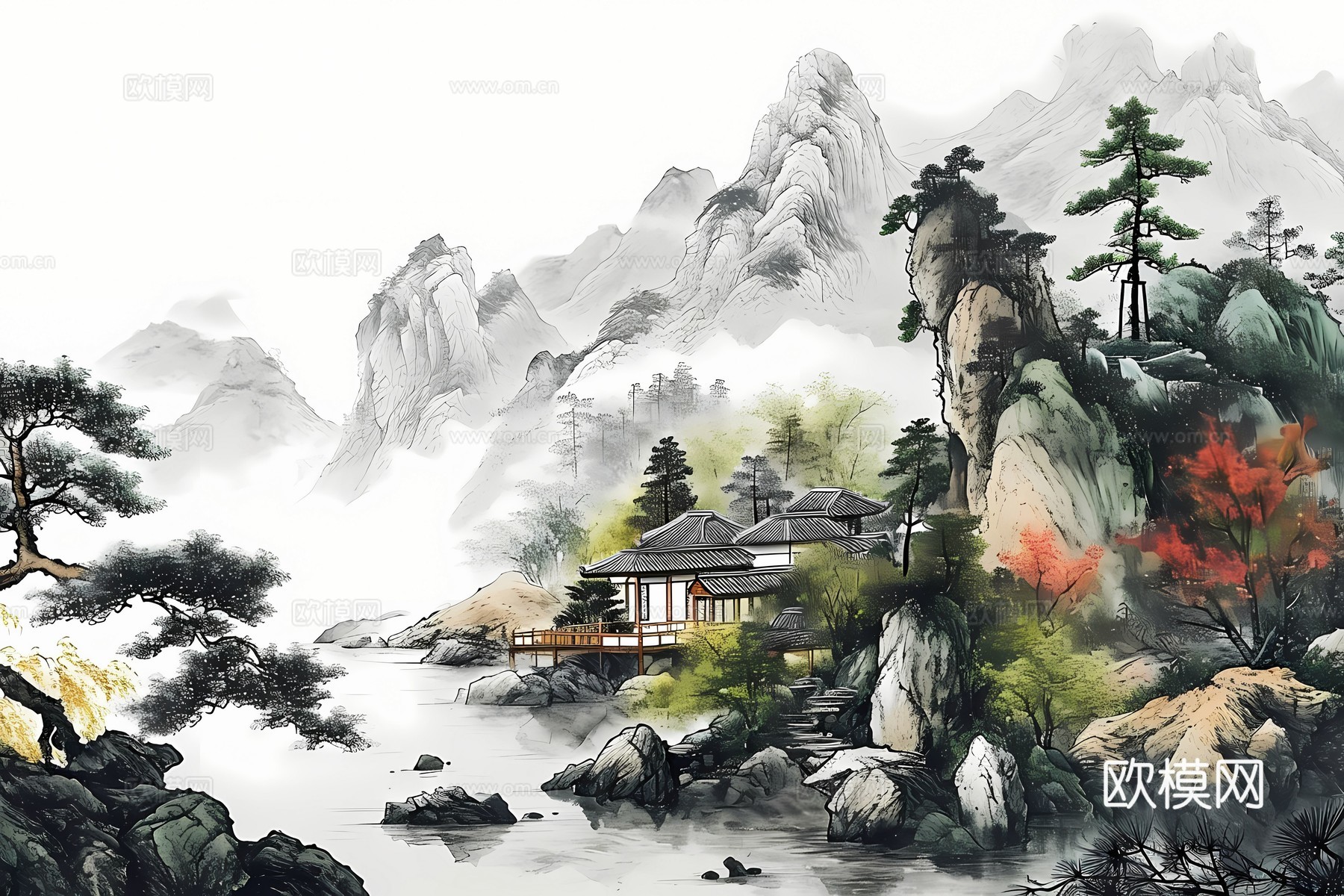 新中式国风壁纸壁画下载（渲染图3）