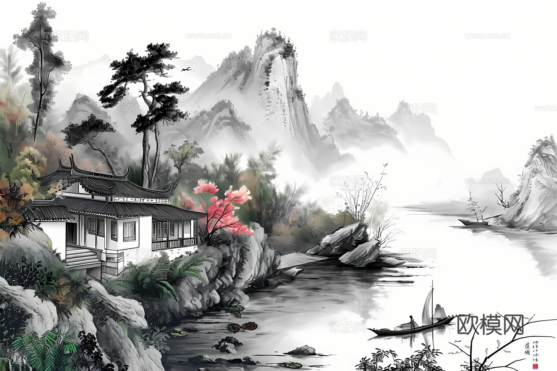 新中式国风壁纸壁画下载（渲染图7）