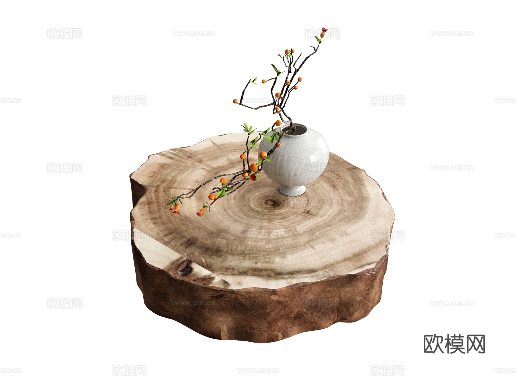 茶几边几矮桌花瓶 摆件艺术品植物 木桩茶几原木茶几su模型
