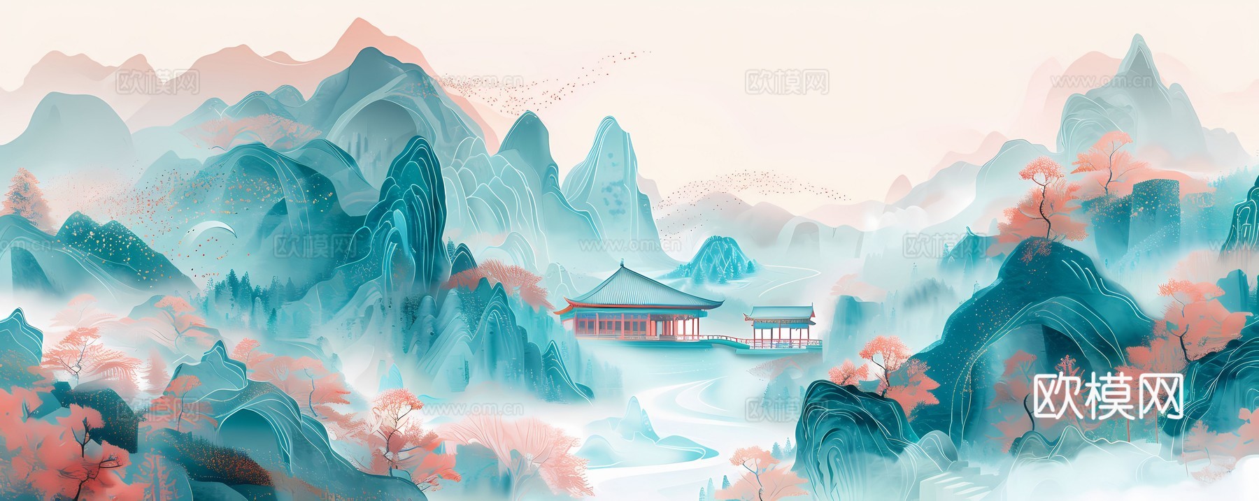 新中式国风壁纸壁画下载（渲染图5）