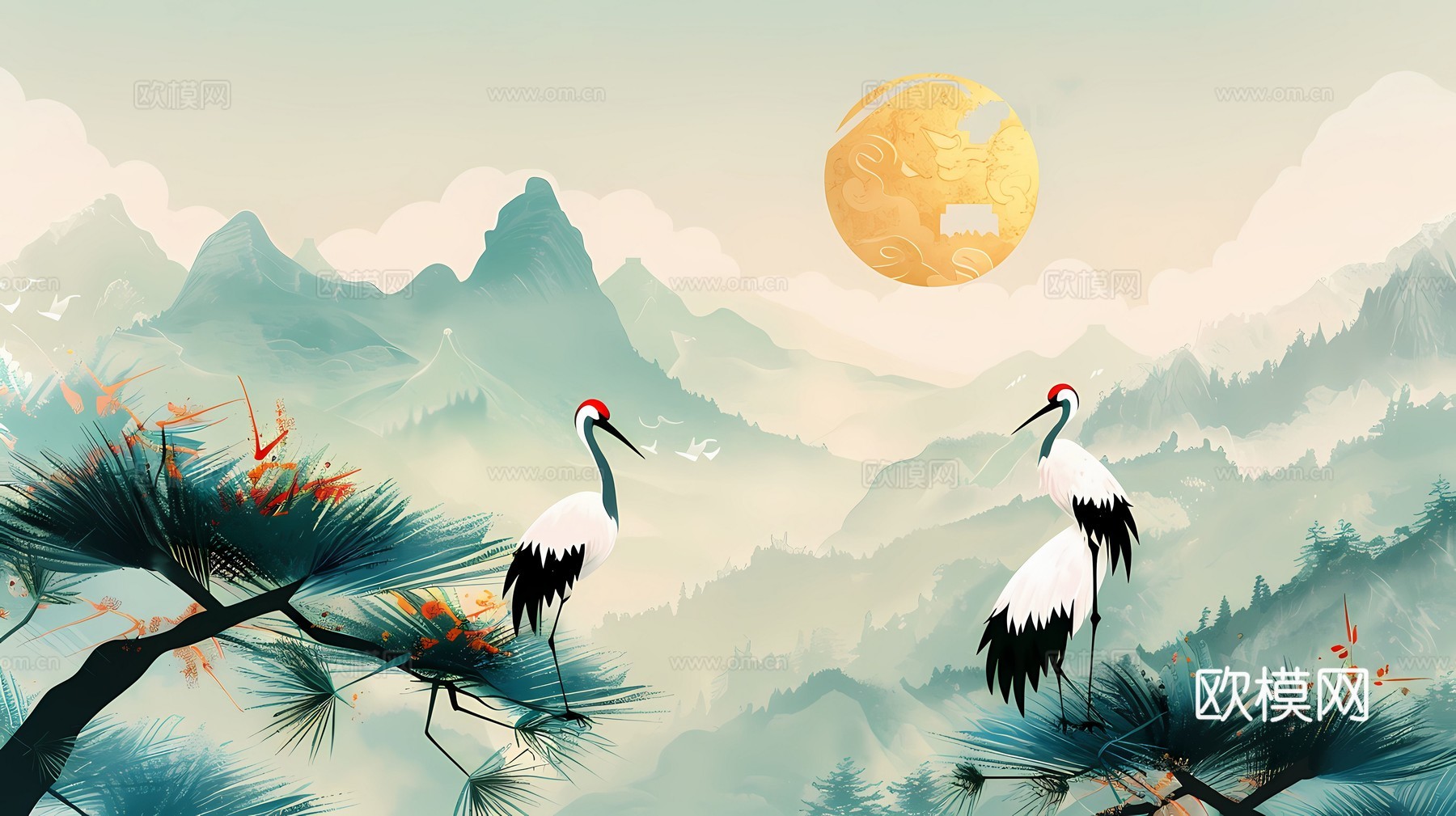 新中式国风壁纸壁画下载（渲染图5）