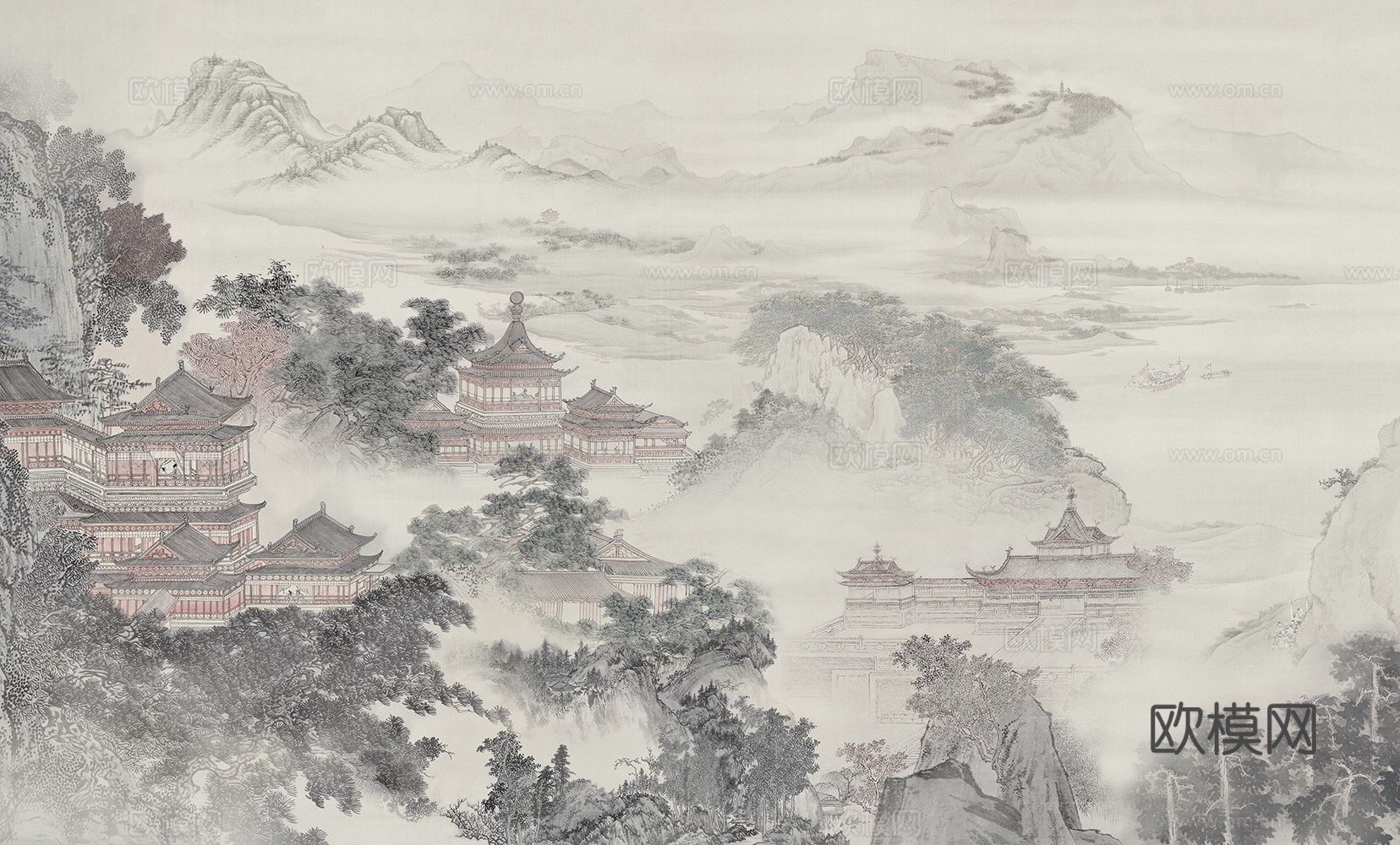 中式山水阁楼壁画贴图