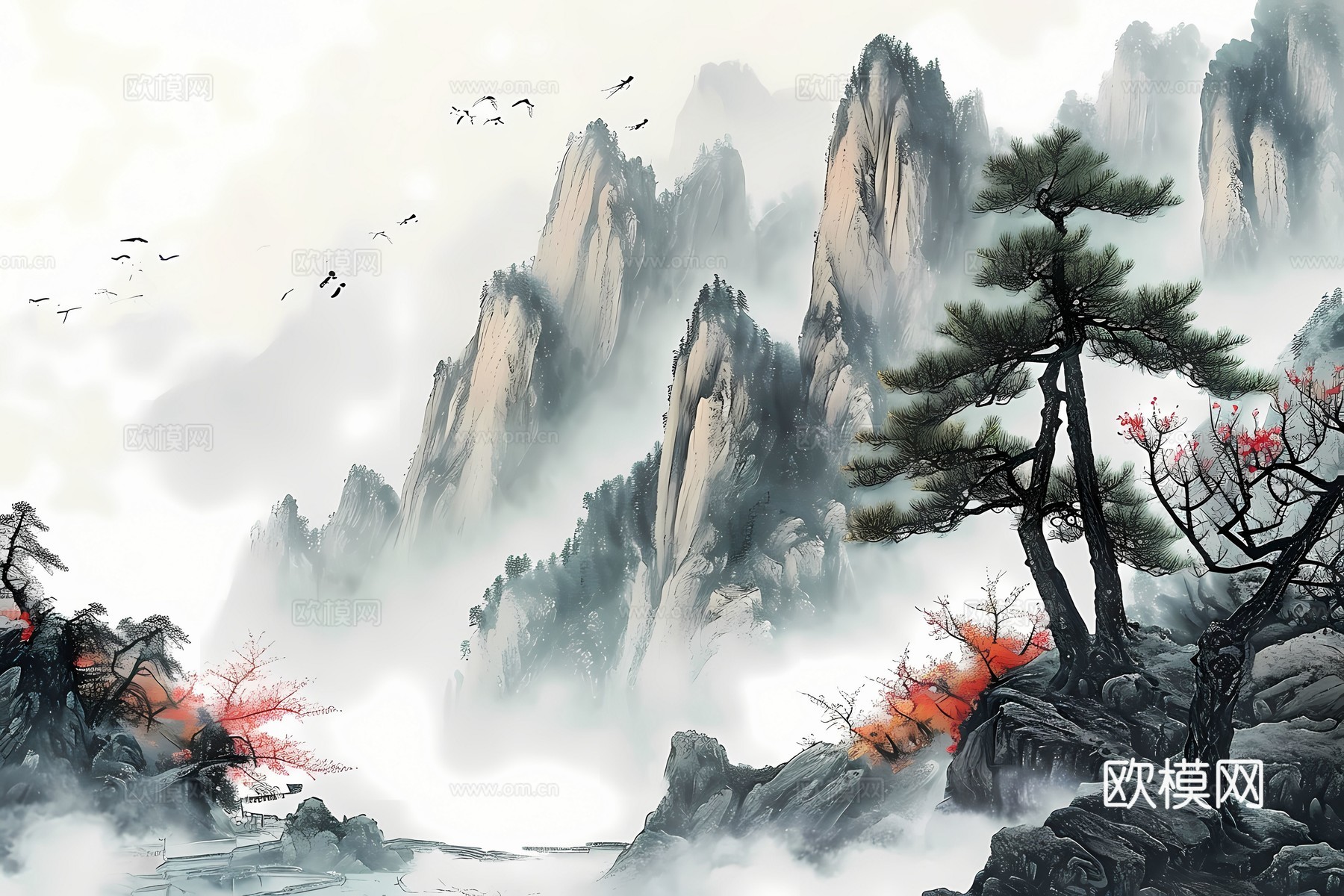 新中式国风壁纸壁画下载（渲染图1）