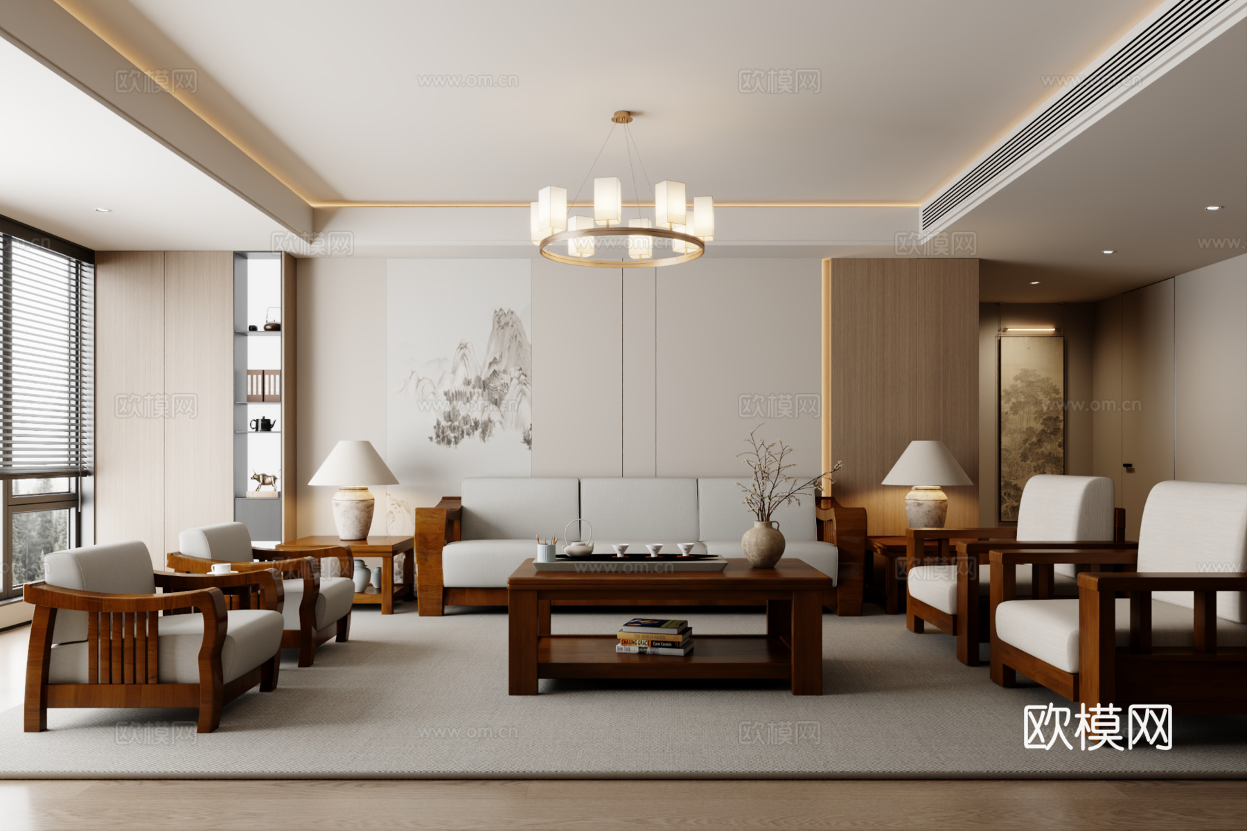新中式沙发组合 茶几 地毯3d模型