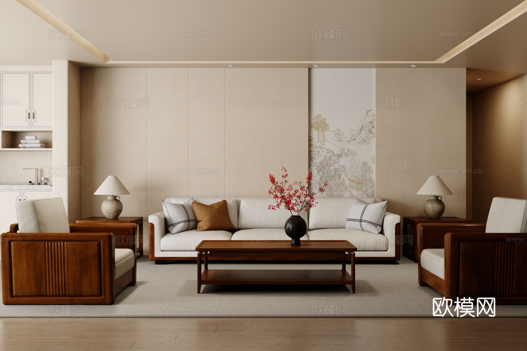 新中式沙发组合 茶几 地毯3d模型