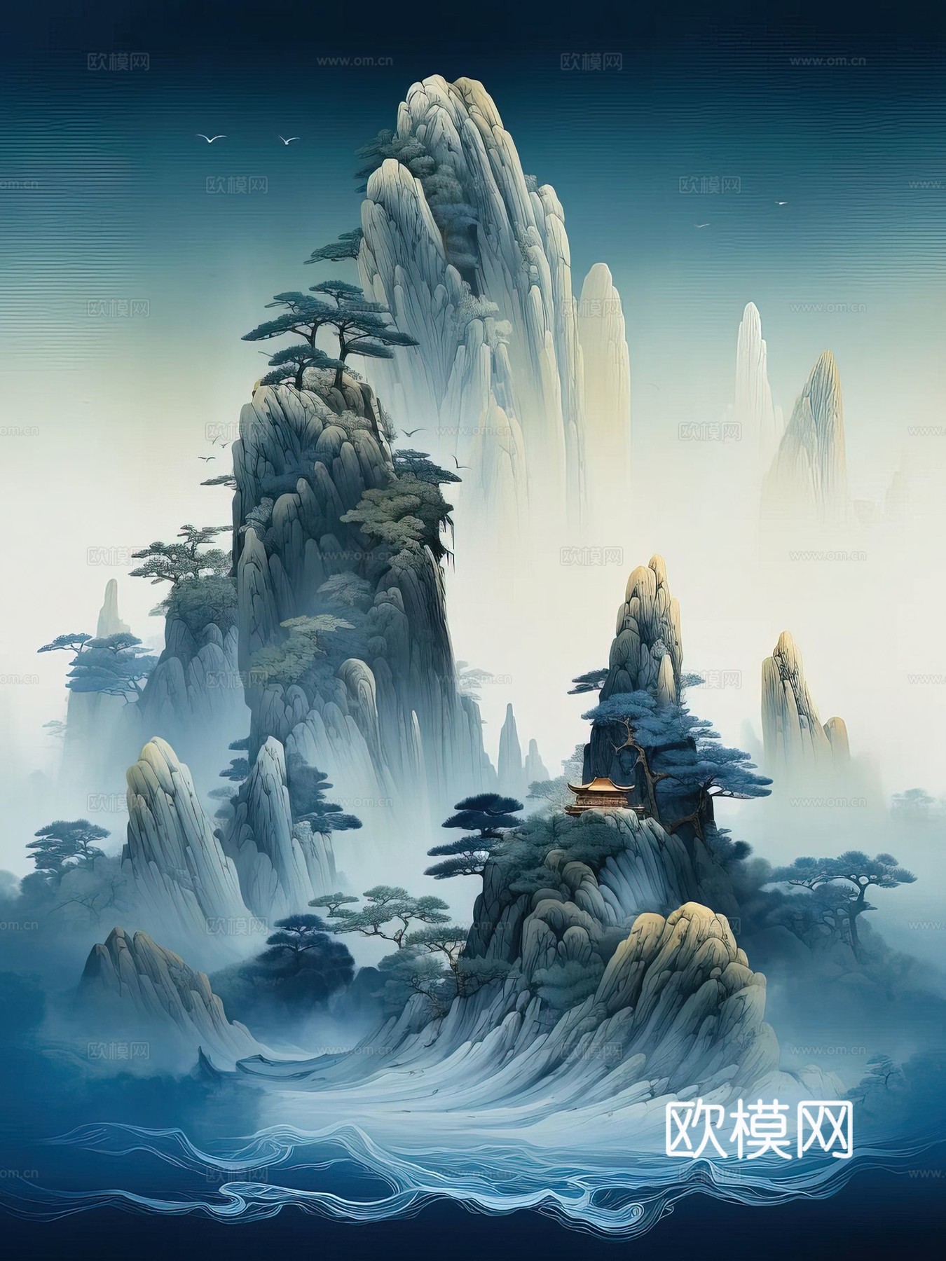 新中式国风壁纸壁画下载（渲染图2）