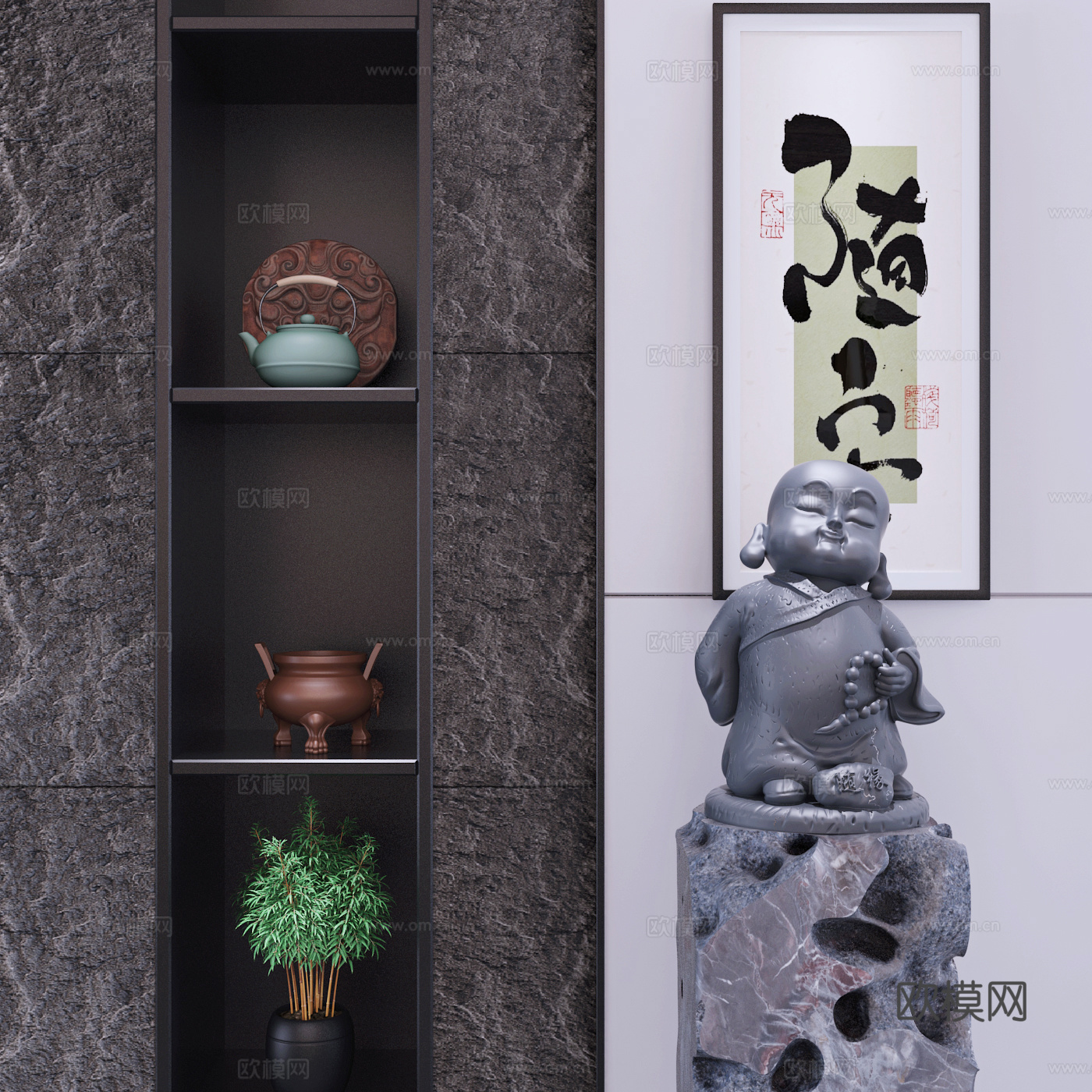 现代新中式随缘和尚雕塑艺术摆件3d模型