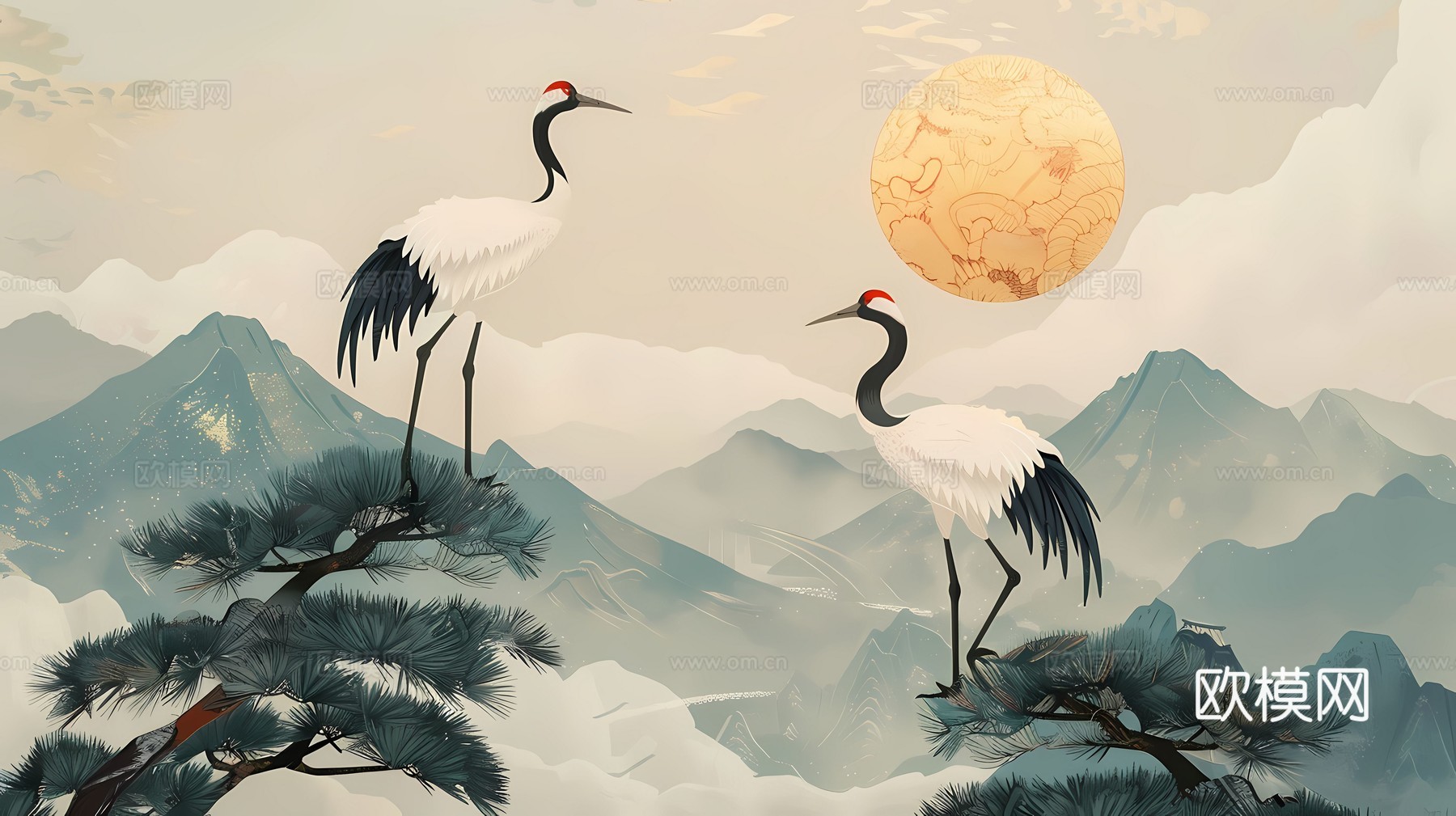 新中式国风壁纸壁画下载（渲染图8）