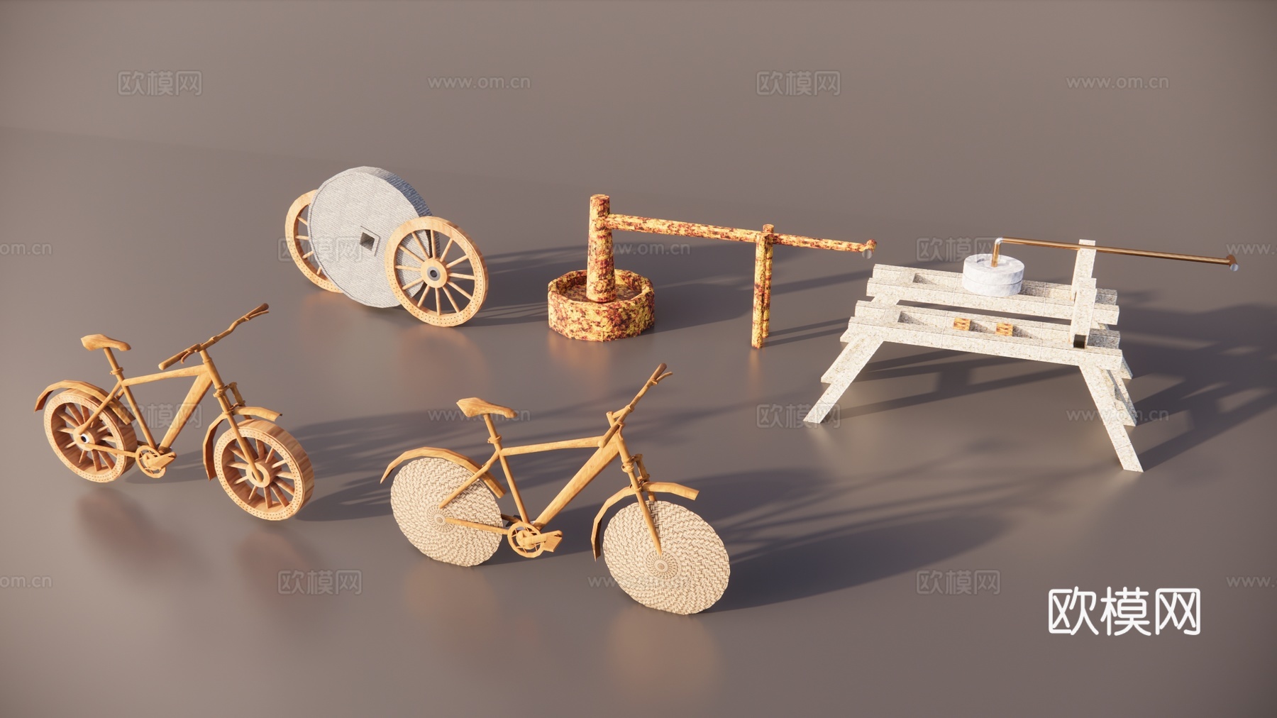 中式乡村农具改造 乡村自行车 农具上墙 农具景观小品 生态景3d模型