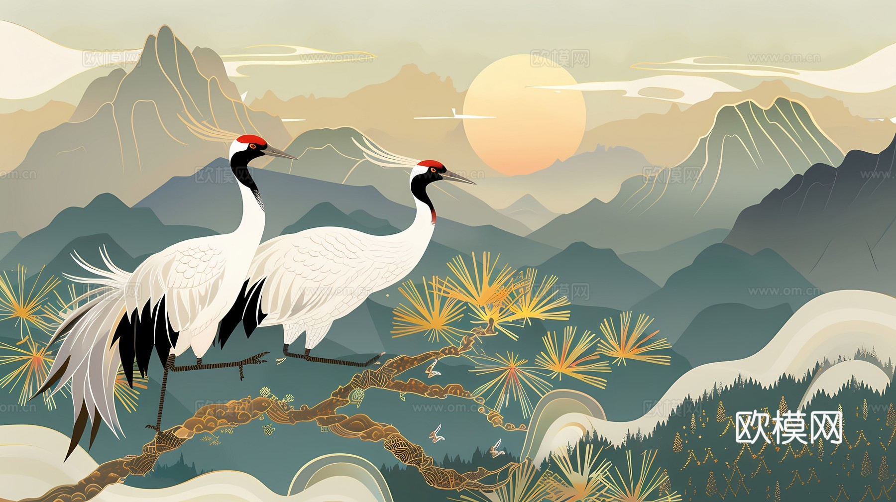 新中式国风壁纸壁画下载（渲染图6）