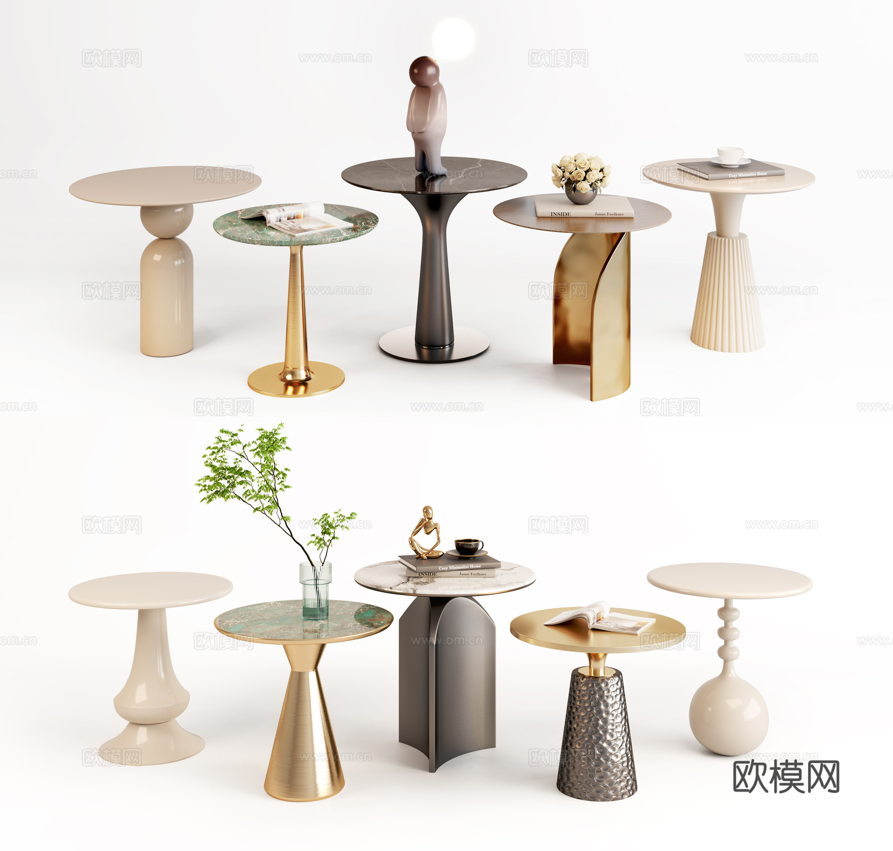 现代意式轻奢边几  金属边几 大理石边几 圆几  咖啡桌3d模型