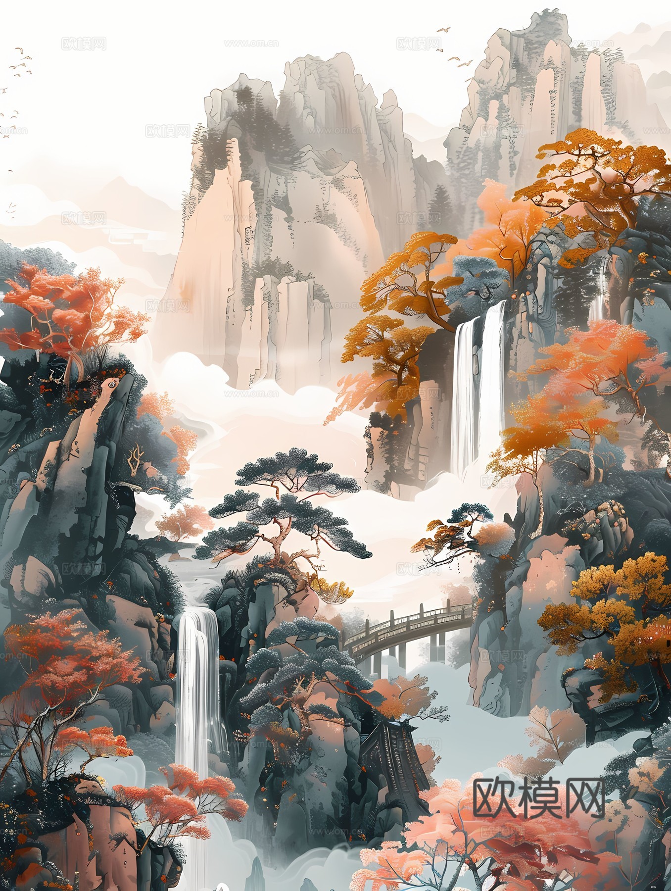 新中式国风壁纸壁画下载（渲染图3）