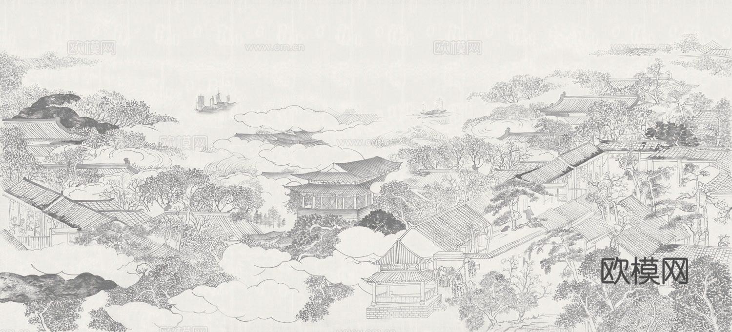 新中式山水壁画贴图