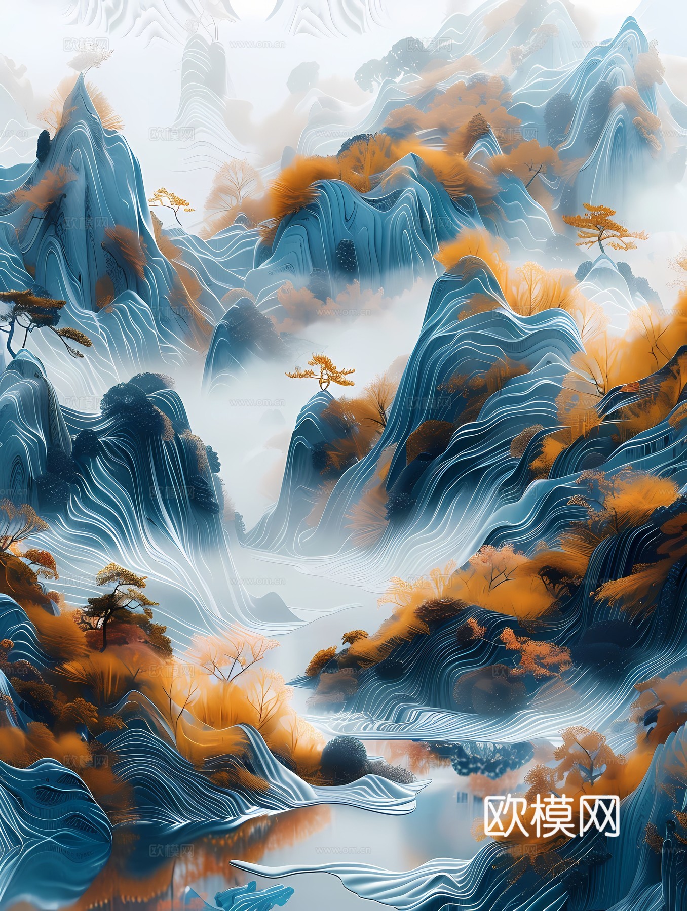 新中式国风壁纸壁画下载（渲染图2）