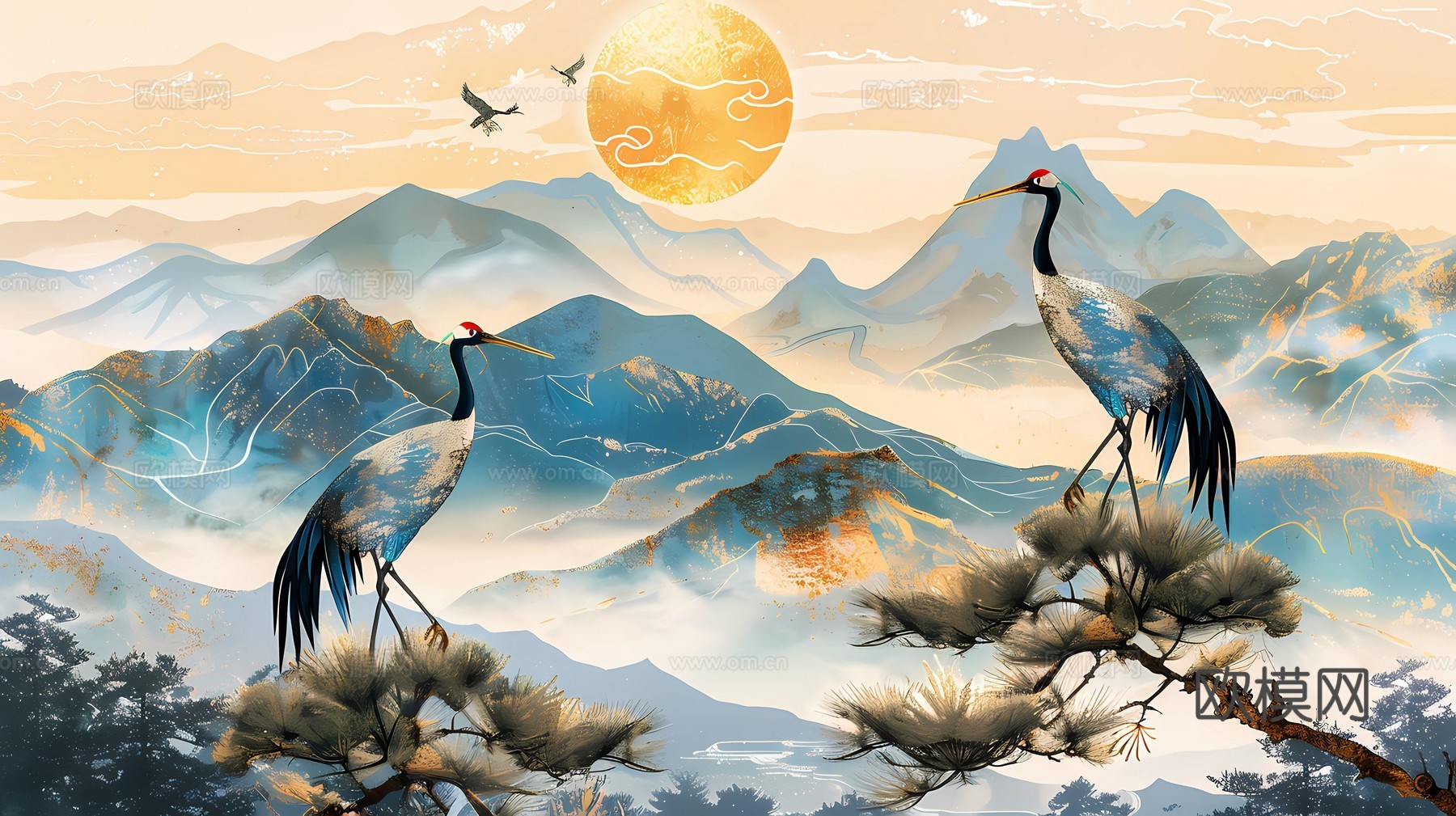 新中式国风壁纸壁画下载（渲染图5）