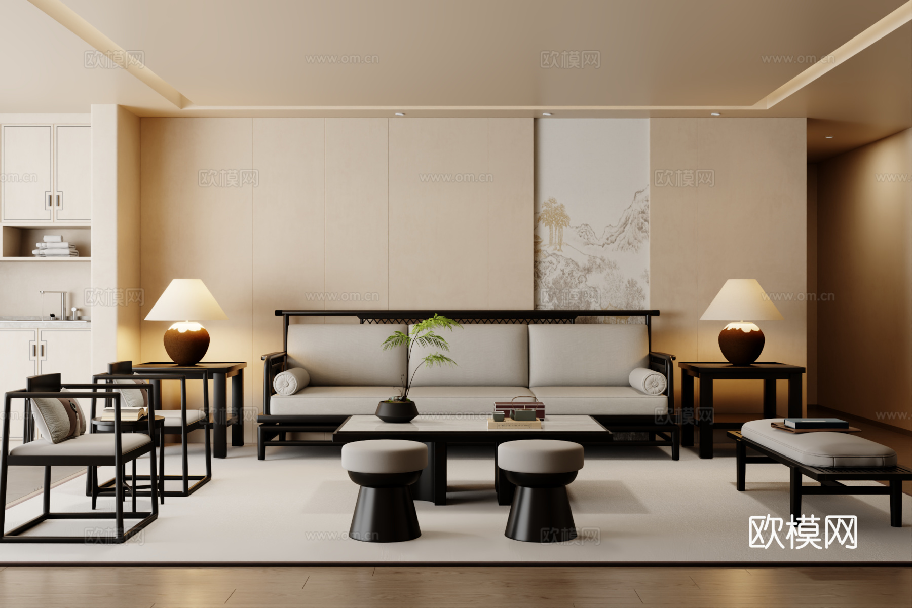 新中式沙发组合 茶几 地毯3d模型