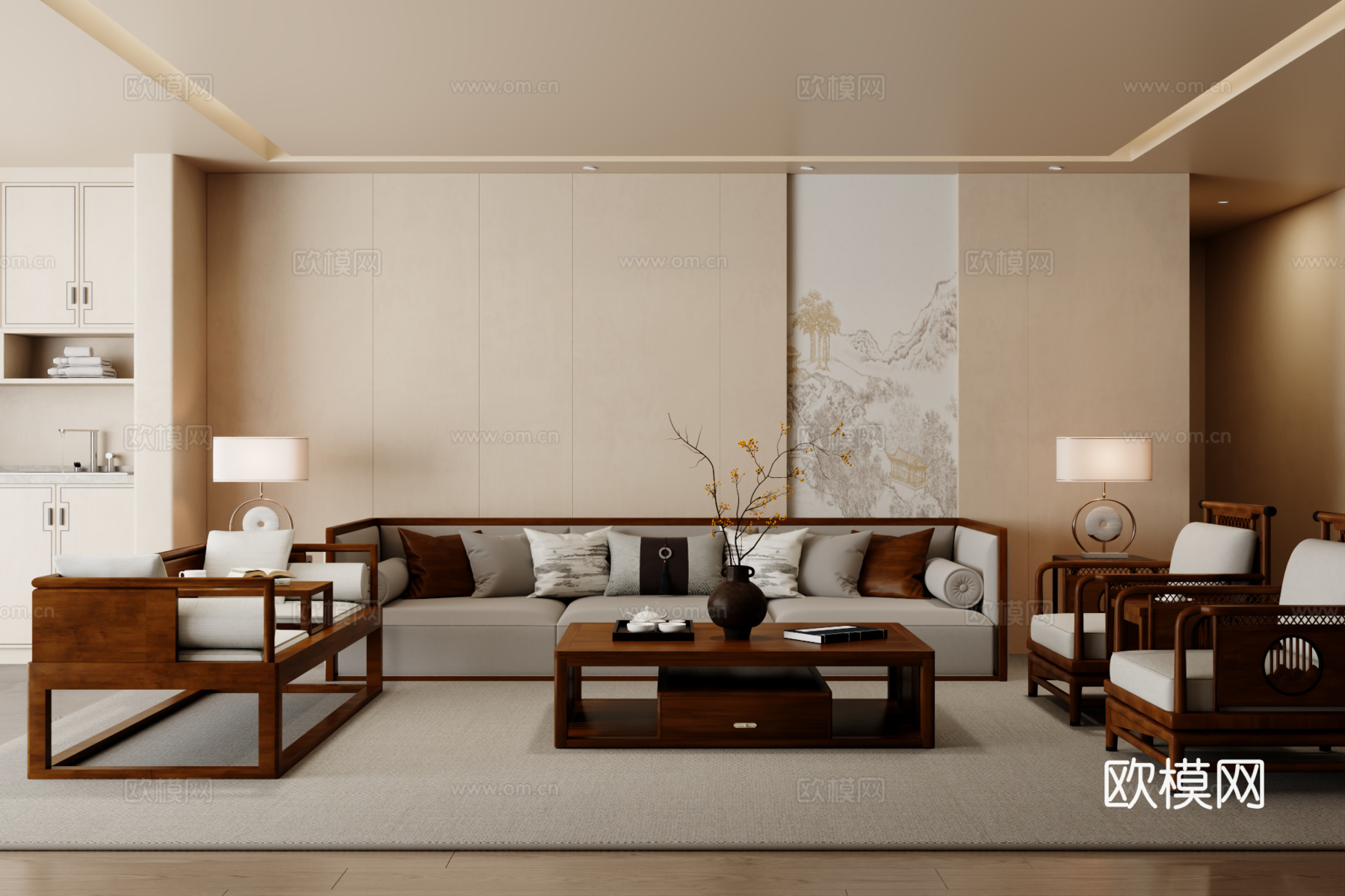 新中式沙发组合 茶几 地毯3d模型