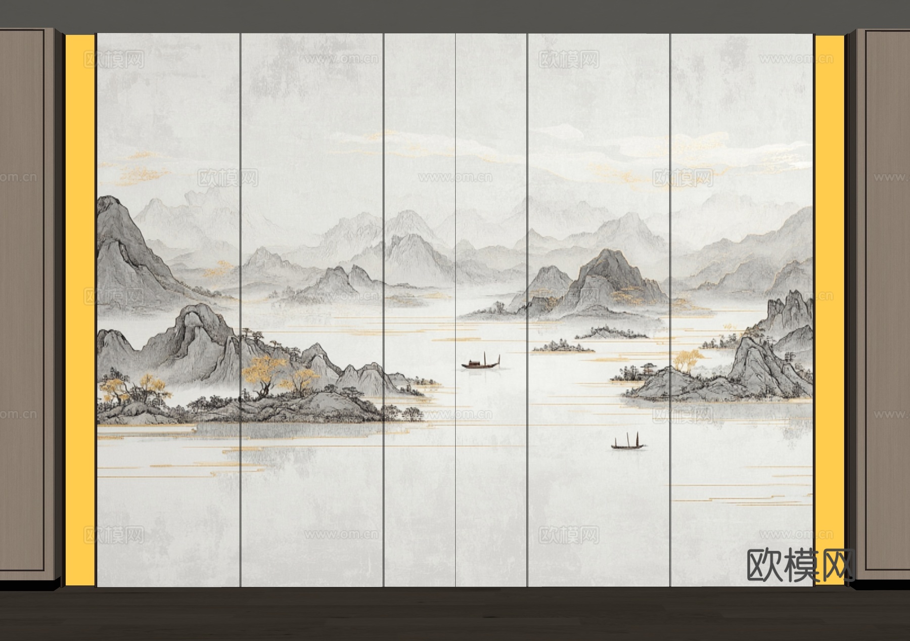 山水画背景墙 山水画护墙板 山水画屏风 新中式禅意硬包 新中su模型