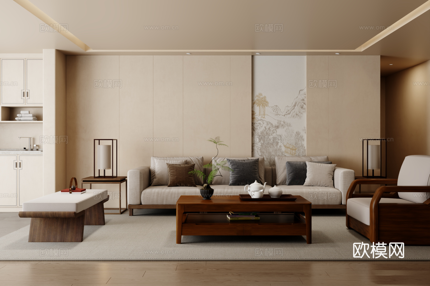 新中式沙发组合 茶几 地毯3d模型