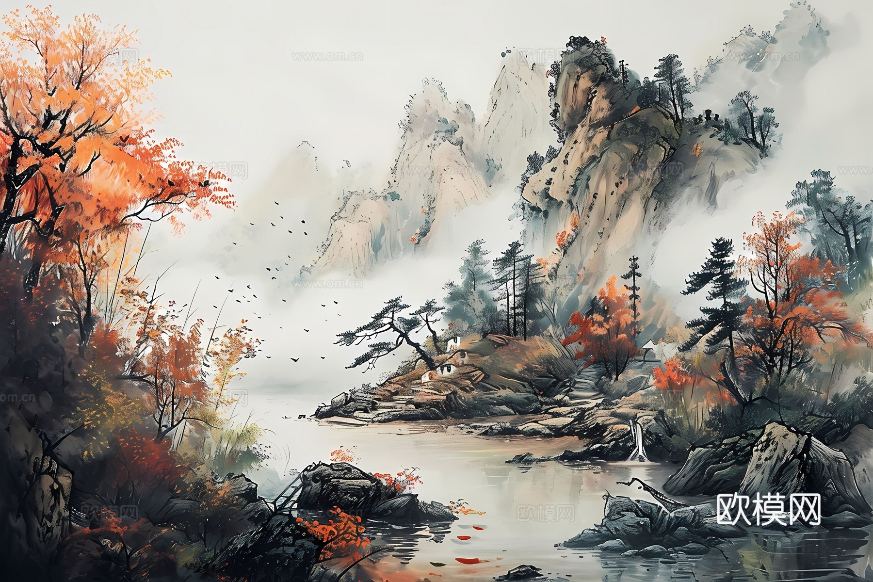 新中式国风壁纸壁画下载（渲染图7）