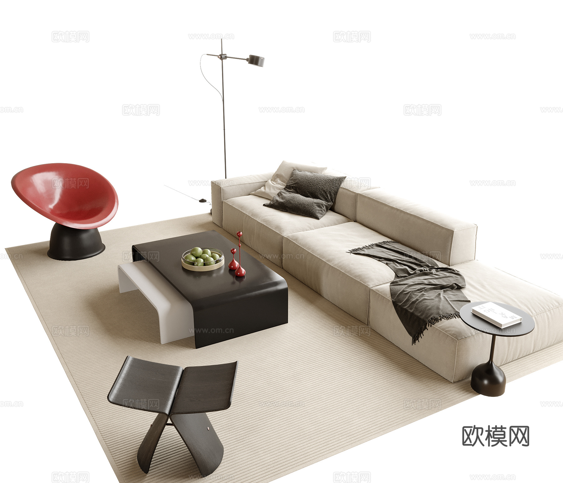 现代沙发茶几组合 多人沙发 茶几 落地灯su模型