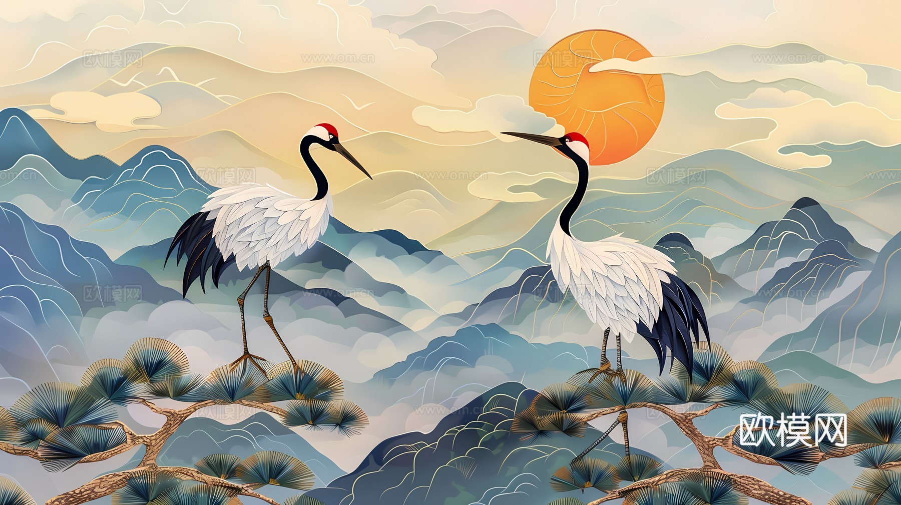 新中式国风壁纸壁画下载（渲染图2）